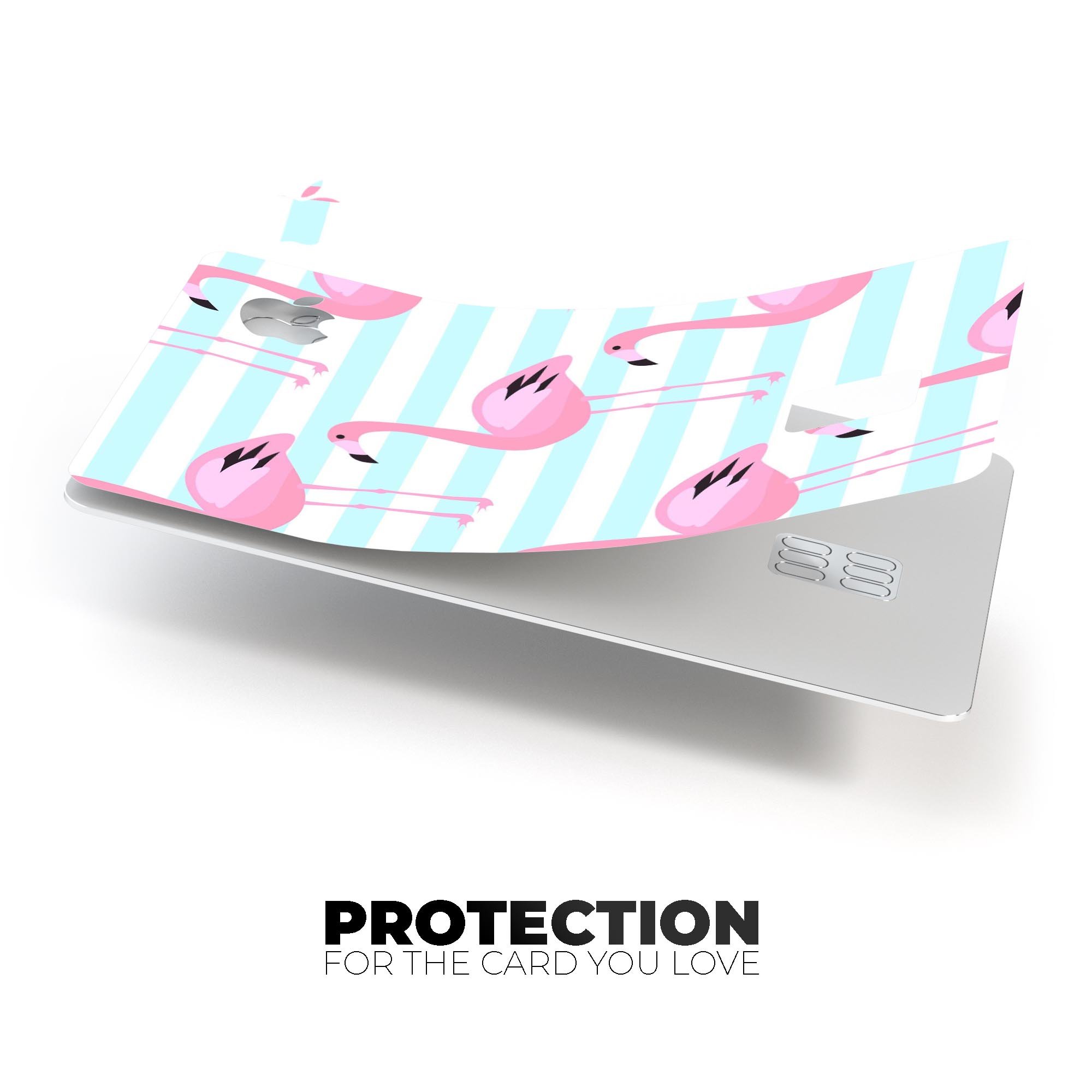 Pink flamingos design over teal stripes on a premium protective decal skin for Apple Card, showcasing vibrant colors and stylish patterns.