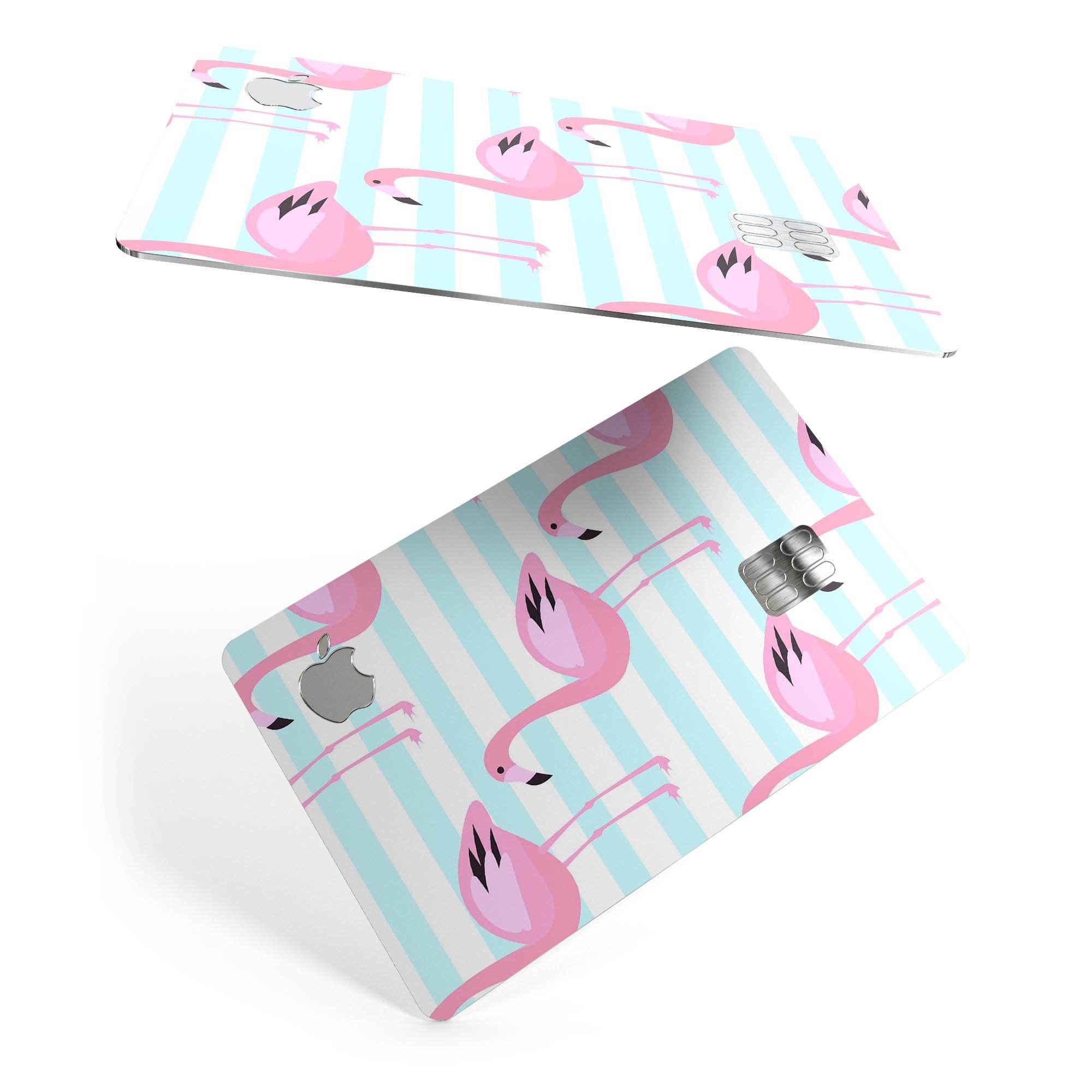 Pink flamingos design over teal stripes on a premium protective decal skin for Apple Card, showcasing vibrant colors and stylish patterns.