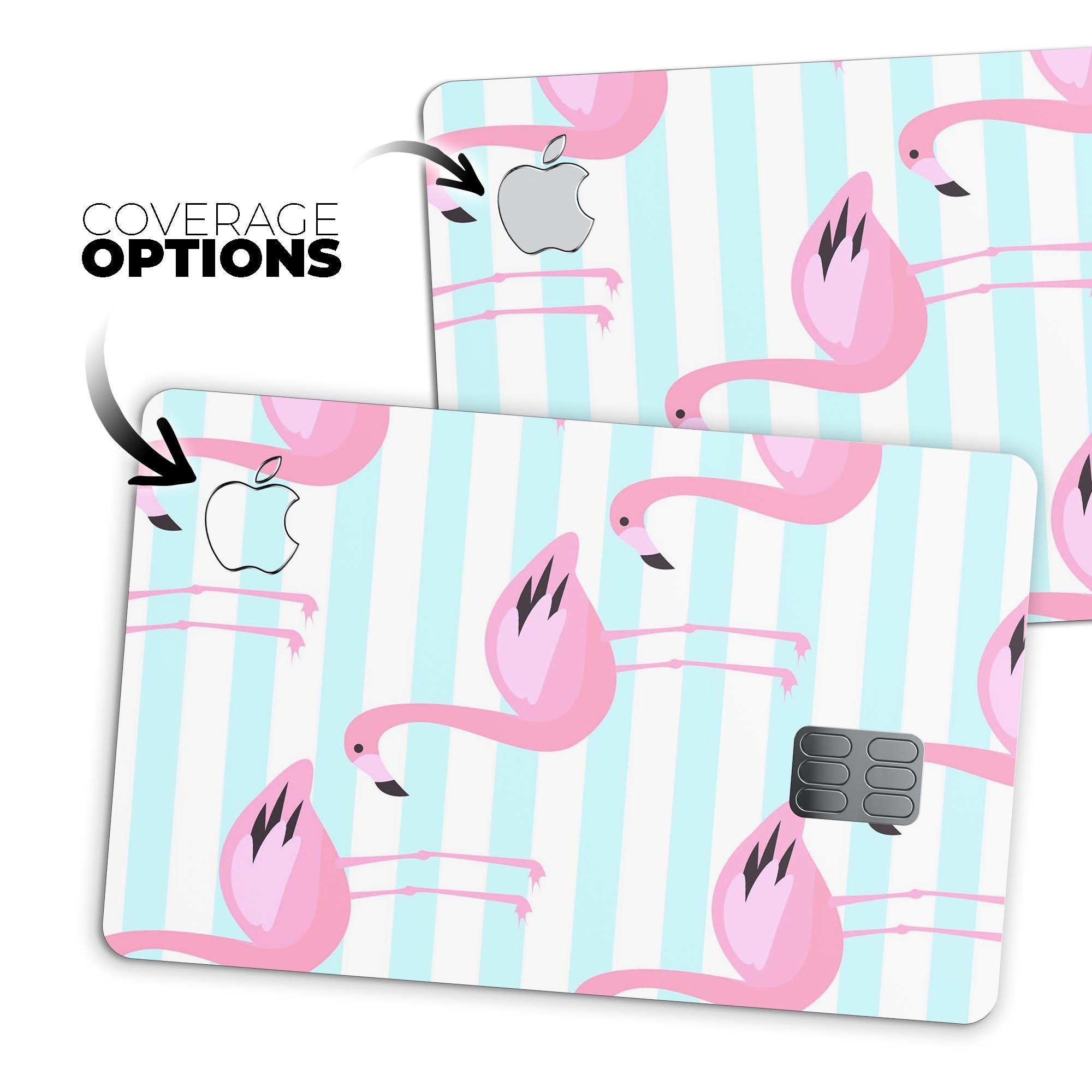 Pink flamingos design over teal stripes on a premium protective decal skin for Apple Card, showcasing vibrant colors and stylish patterns.