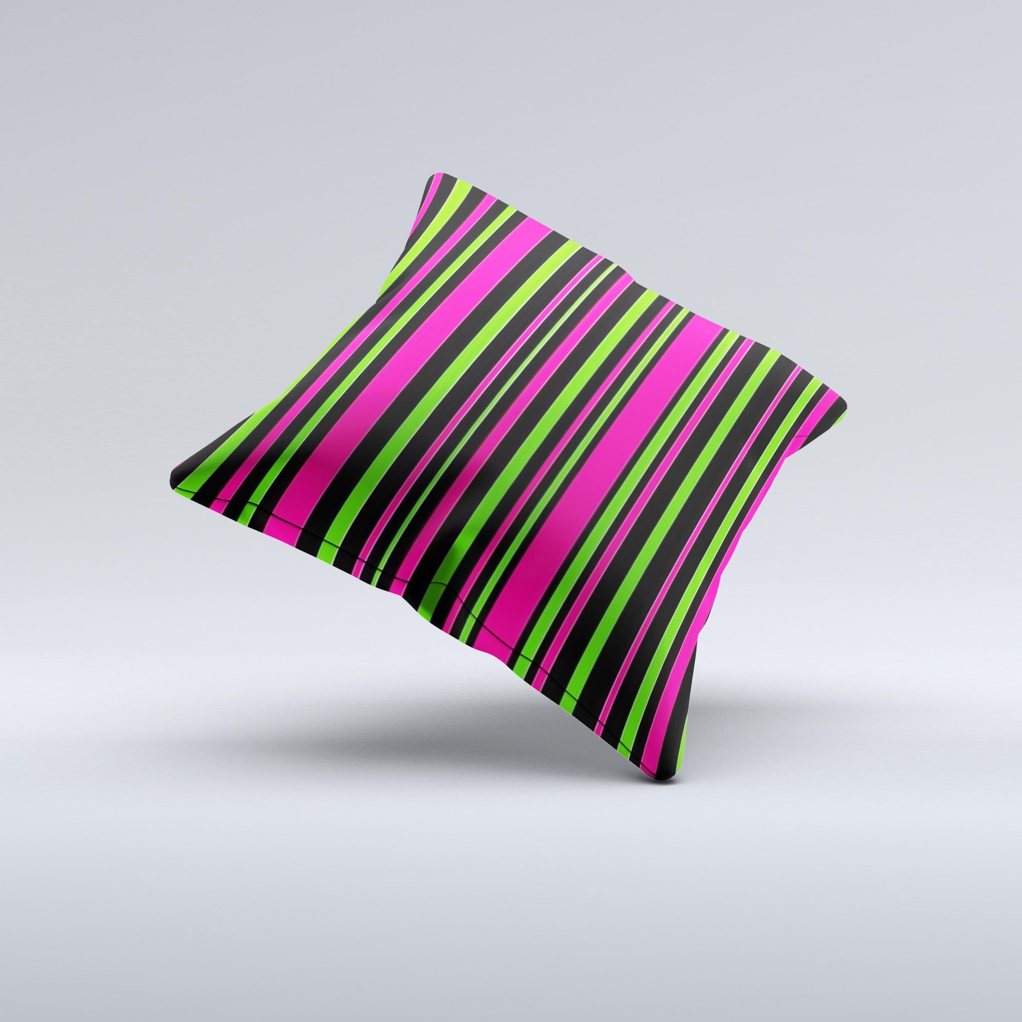 Pink and green striped decorative throw pillow with ink-fuzed design, handcrafted in Virginia, showcasing unique imperfections.