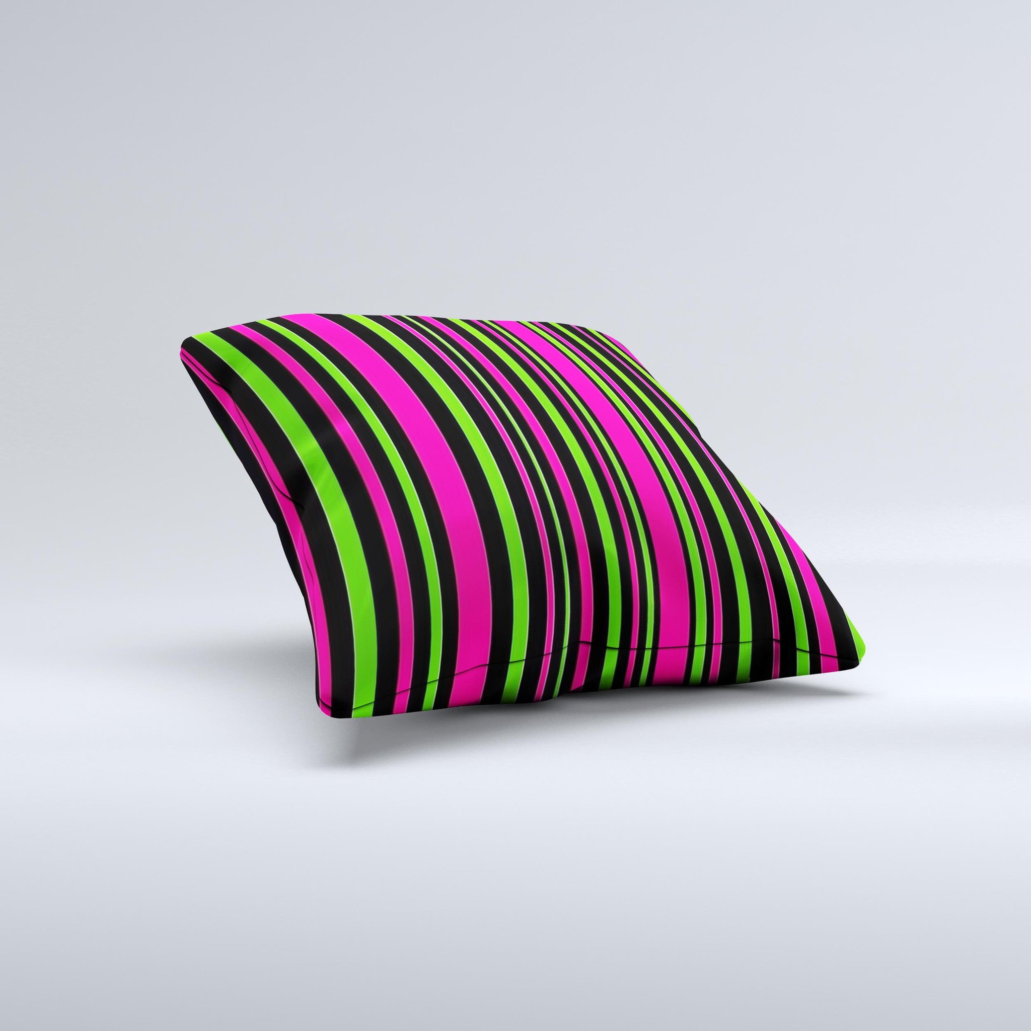 Pink and green striped decorative throw pillow with ink-fuzed design, handcrafted in Virginia, showcasing unique imperfections.