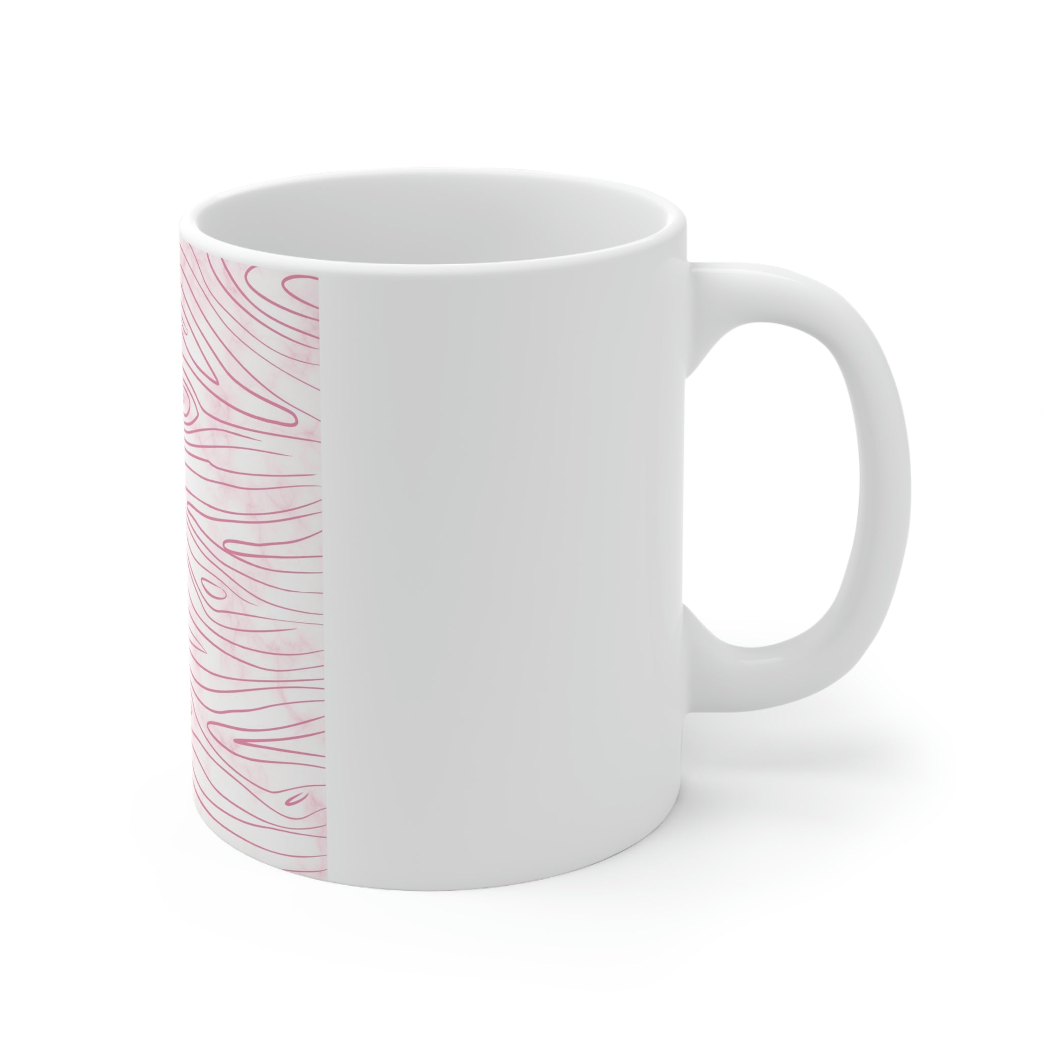 A stylish pink ceramic mug featuring a unique line art sketch print, perfect for coffee or tea.
