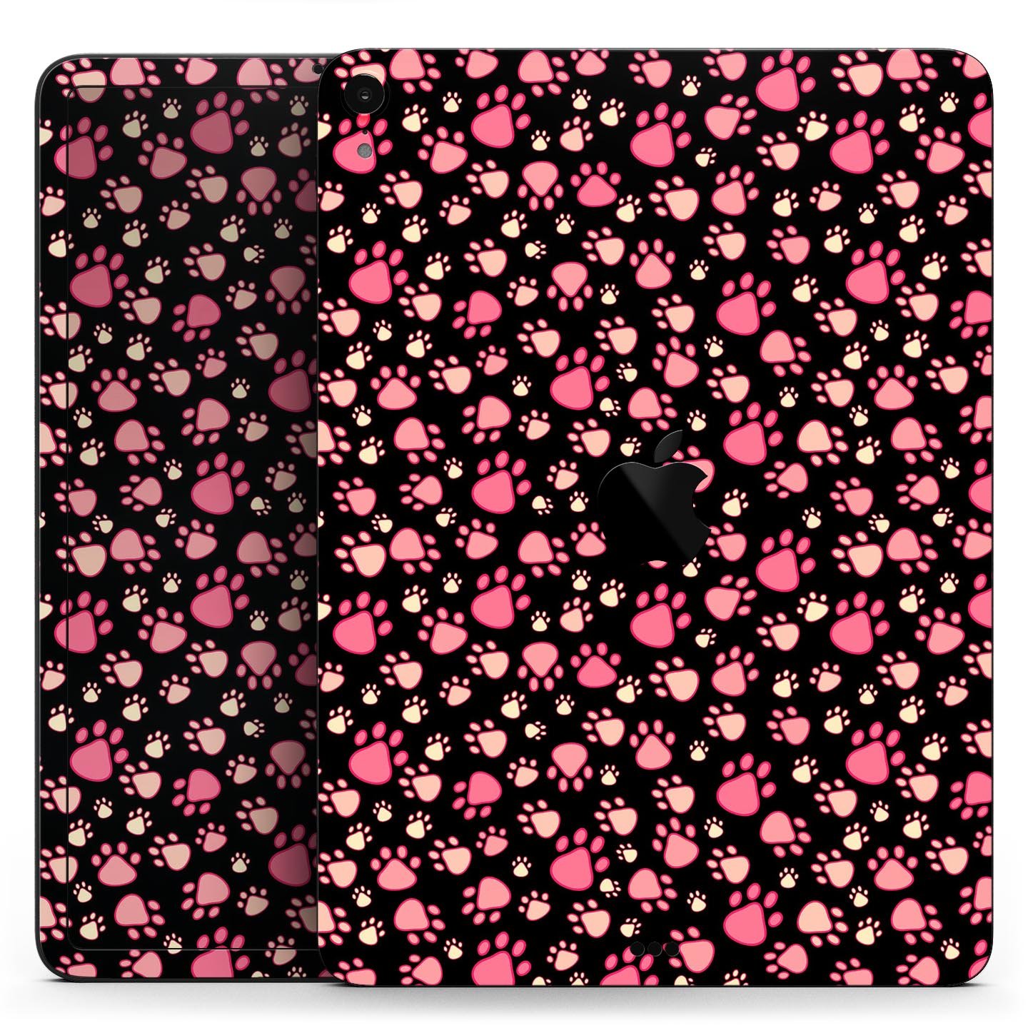 Full body skin decal featuring pink paw prints on a black background designed for Apple iPad Pro, showcasing its stylish and protective features.