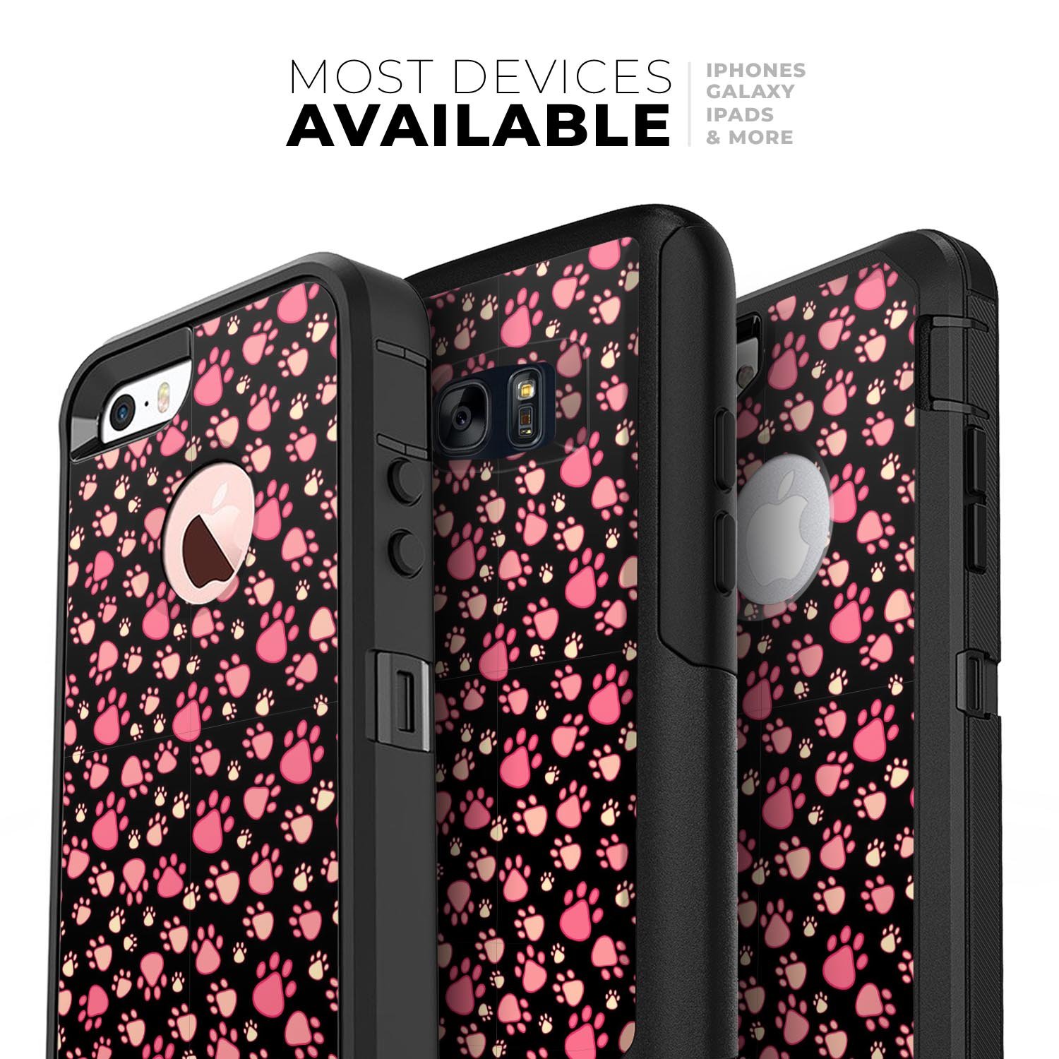 Pink paw prints design on a black skin kit for iPhone OtterBox cases, showcasing stylish protection.