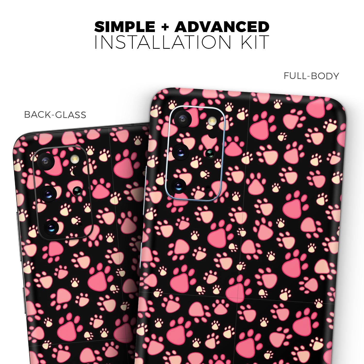 Pink paw prints design on a black skin for Samsung Galaxy S-Series, showcasing a stylish and protective accessory.