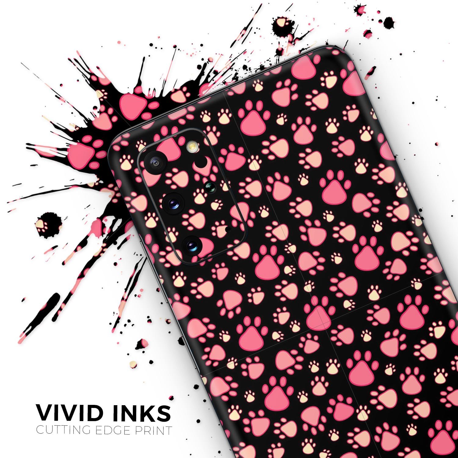 Pink paw prints design on a black skin for Samsung Galaxy S-Series, showcasing a stylish and protective accessory.