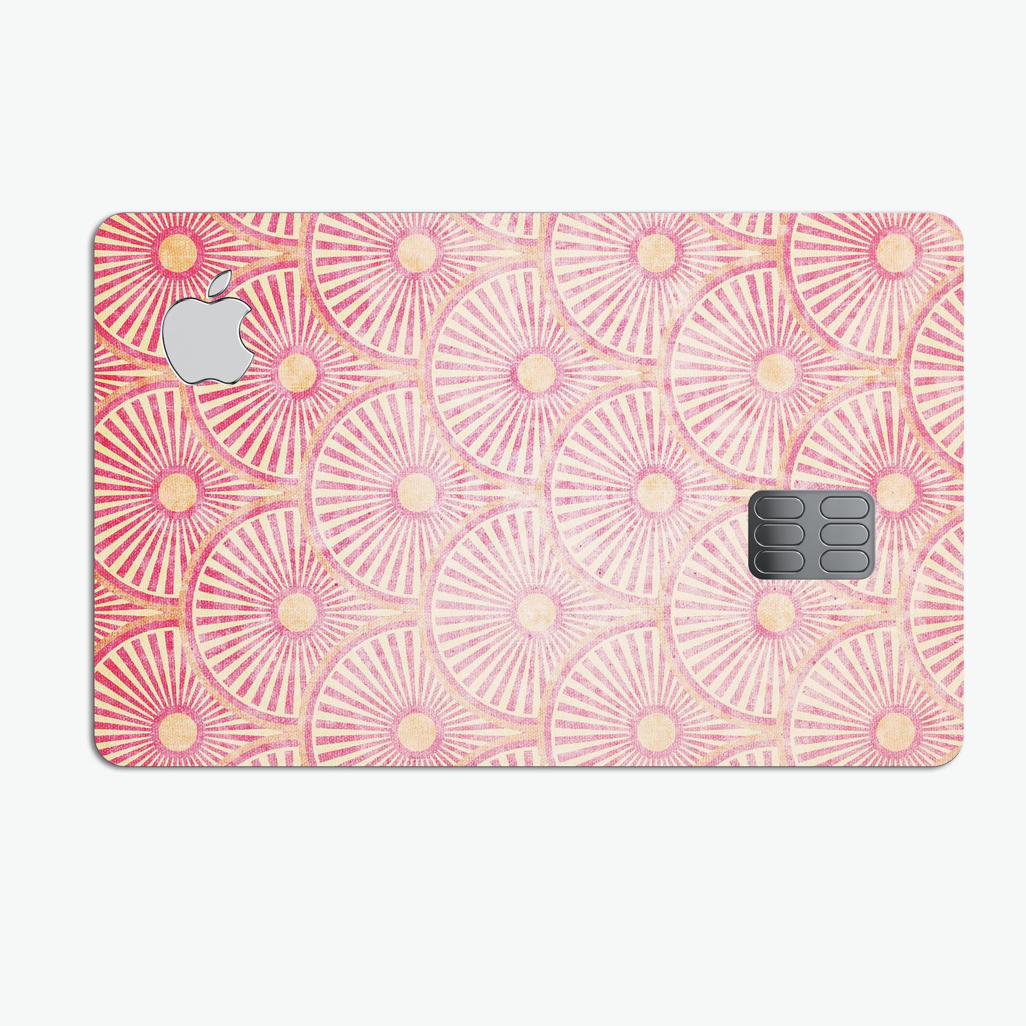 Pink SemiCircles with Yellow Polka Dots decal on an Apple Card, showcasing its vibrant design and protective features.