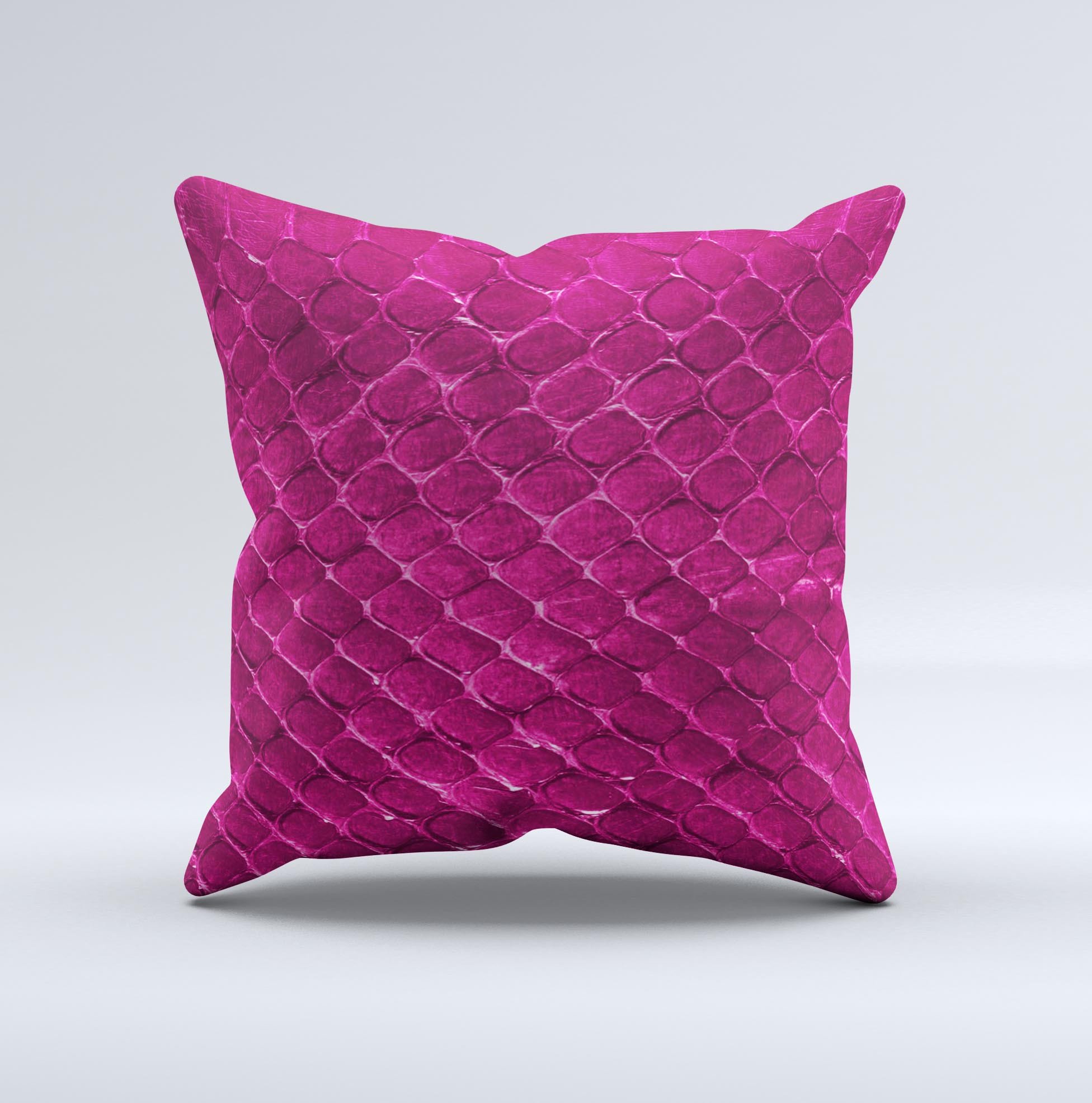 Pink decorative throw pillow with snake skin texture, showcasing unique handcrafted design and high-quality fabric.