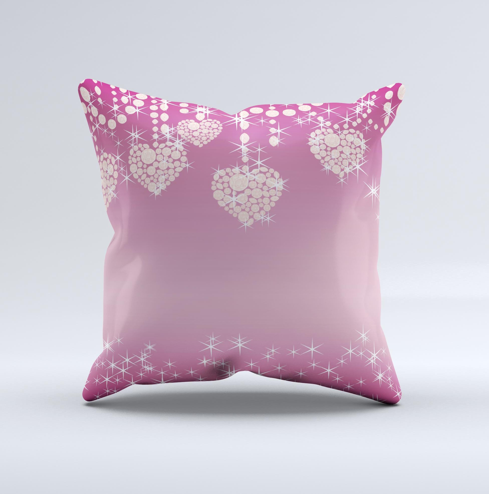 Pink Sparkly Chandelier Hearts decorative throw pillow with a unique handcrafted design, featuring a soft pink color and sparkly accents.