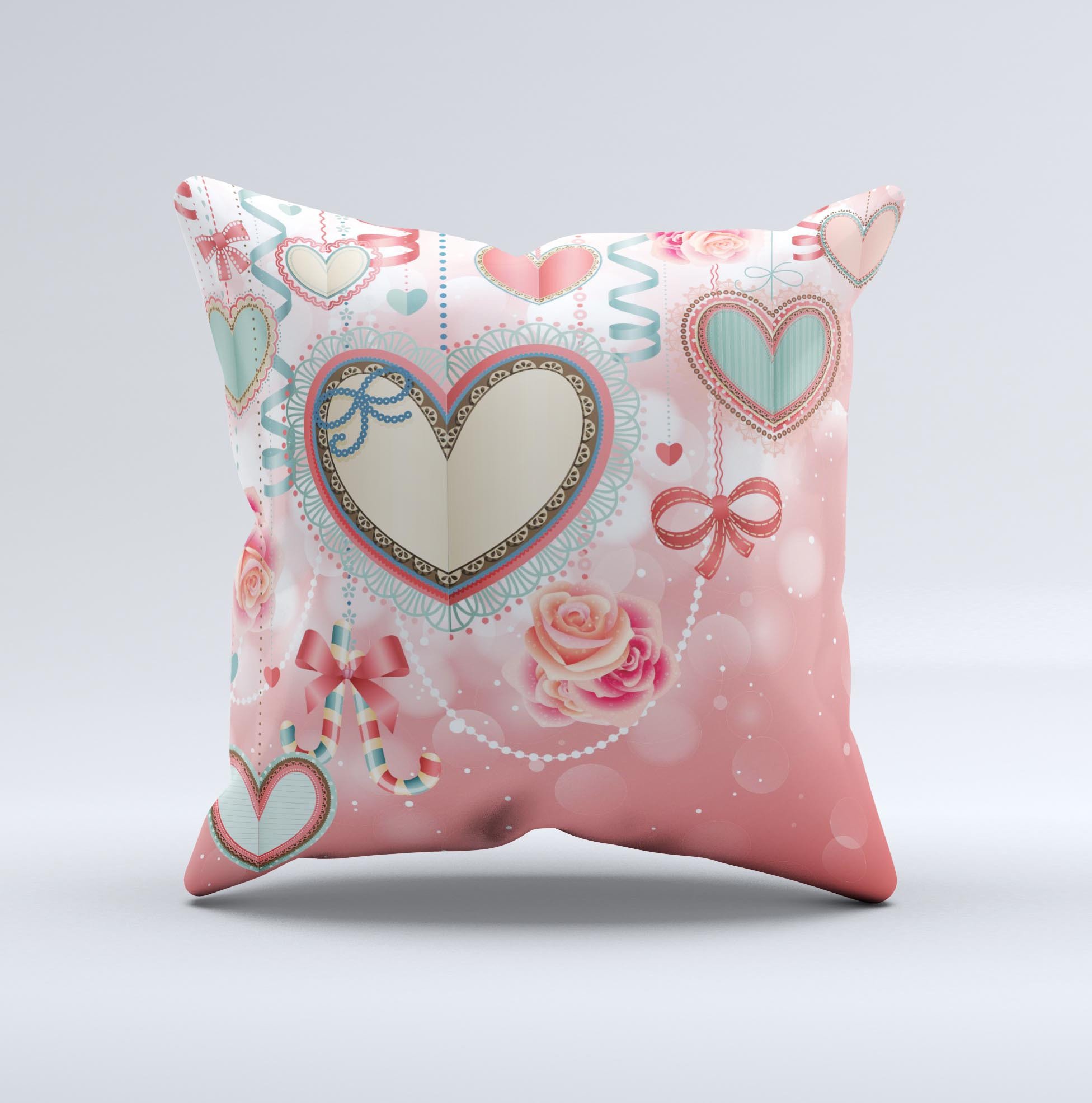 Pink Stringy Hearts ink-Fuzed Decorative Throw Pillow with a charming heart design, handcrafted in Virginia, showcasing unique imperfections.