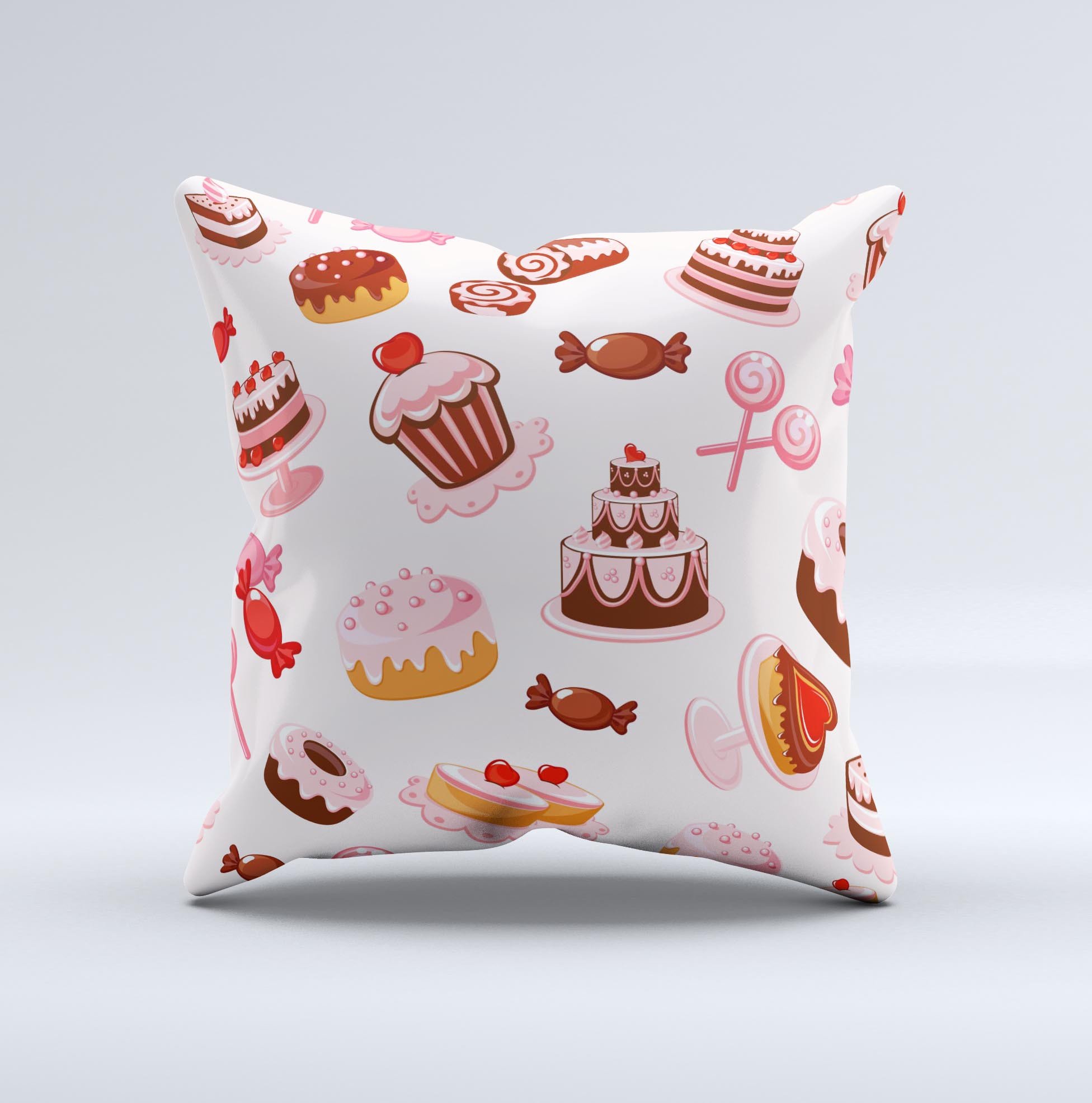 Pink Sweet Treats Pattern decorative throw pillow, handcrafted with high thread count fabric and filled with non-allergenic polyester fiberfill.