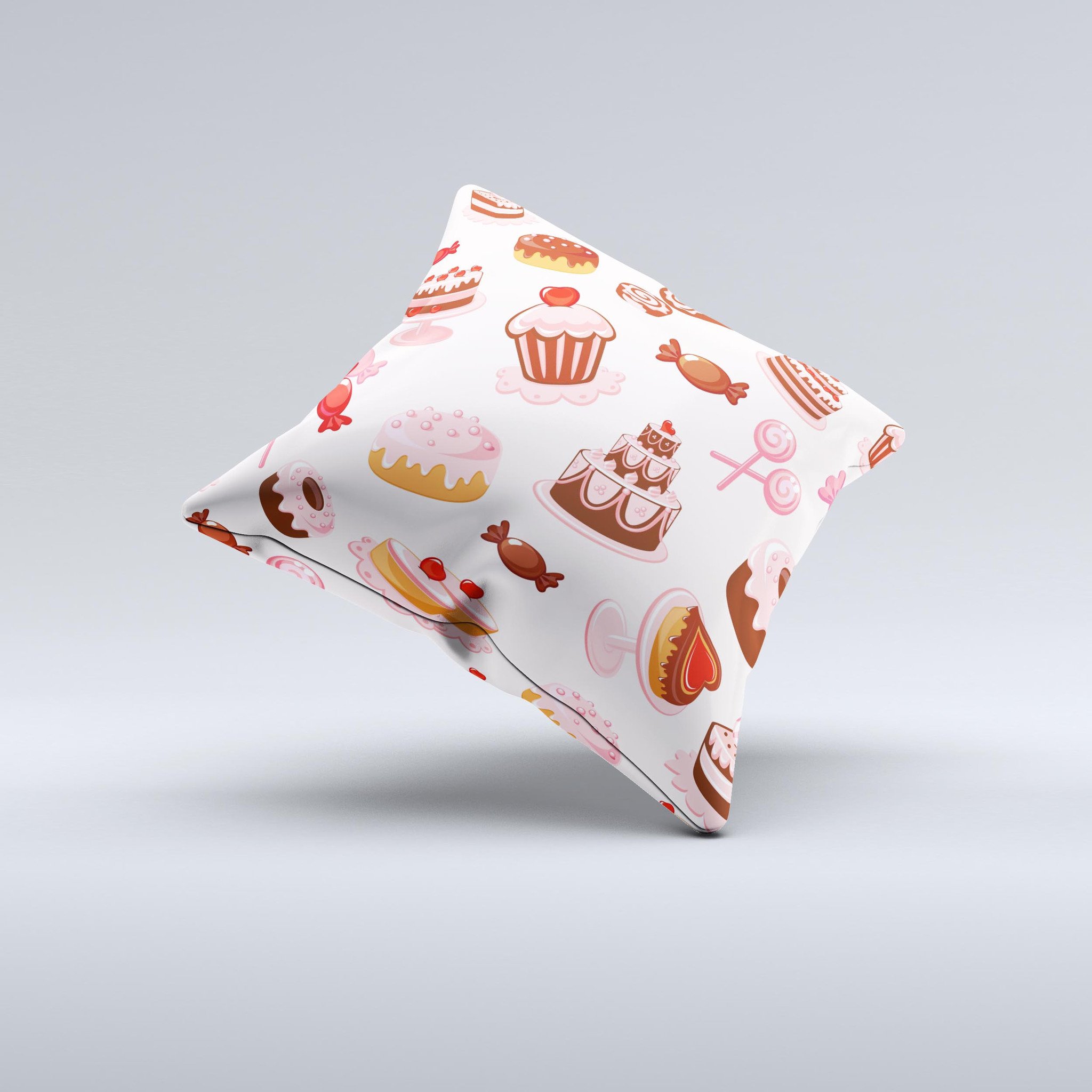 Pink Sweet Treats Pattern decorative throw pillow, handcrafted with high thread count fabric and filled with non-allergenic polyester fiberfill.