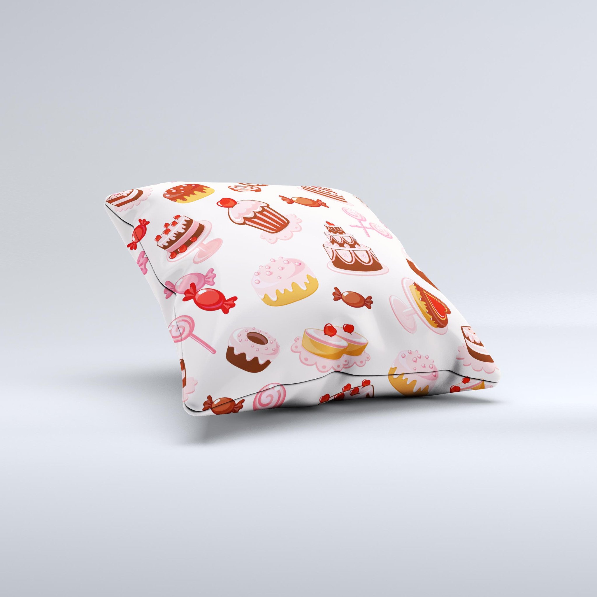 Pink Sweet Treats Pattern decorative throw pillow, handcrafted with high thread count fabric and filled with non-allergenic polyester fiberfill.