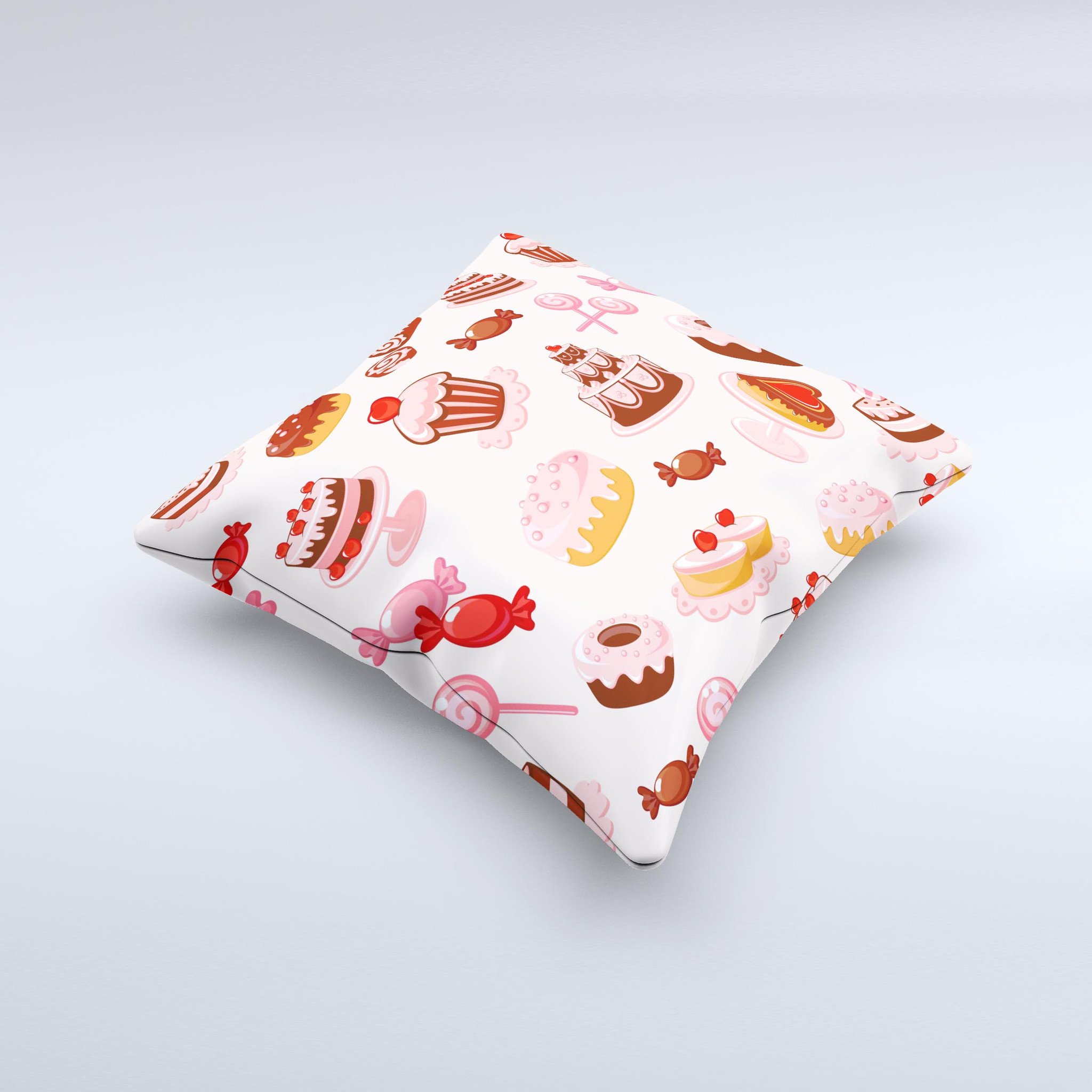 Pink Sweet Treats Pattern decorative throw pillow, handcrafted with high thread count fabric and filled with non-allergenic polyester fiberfill.