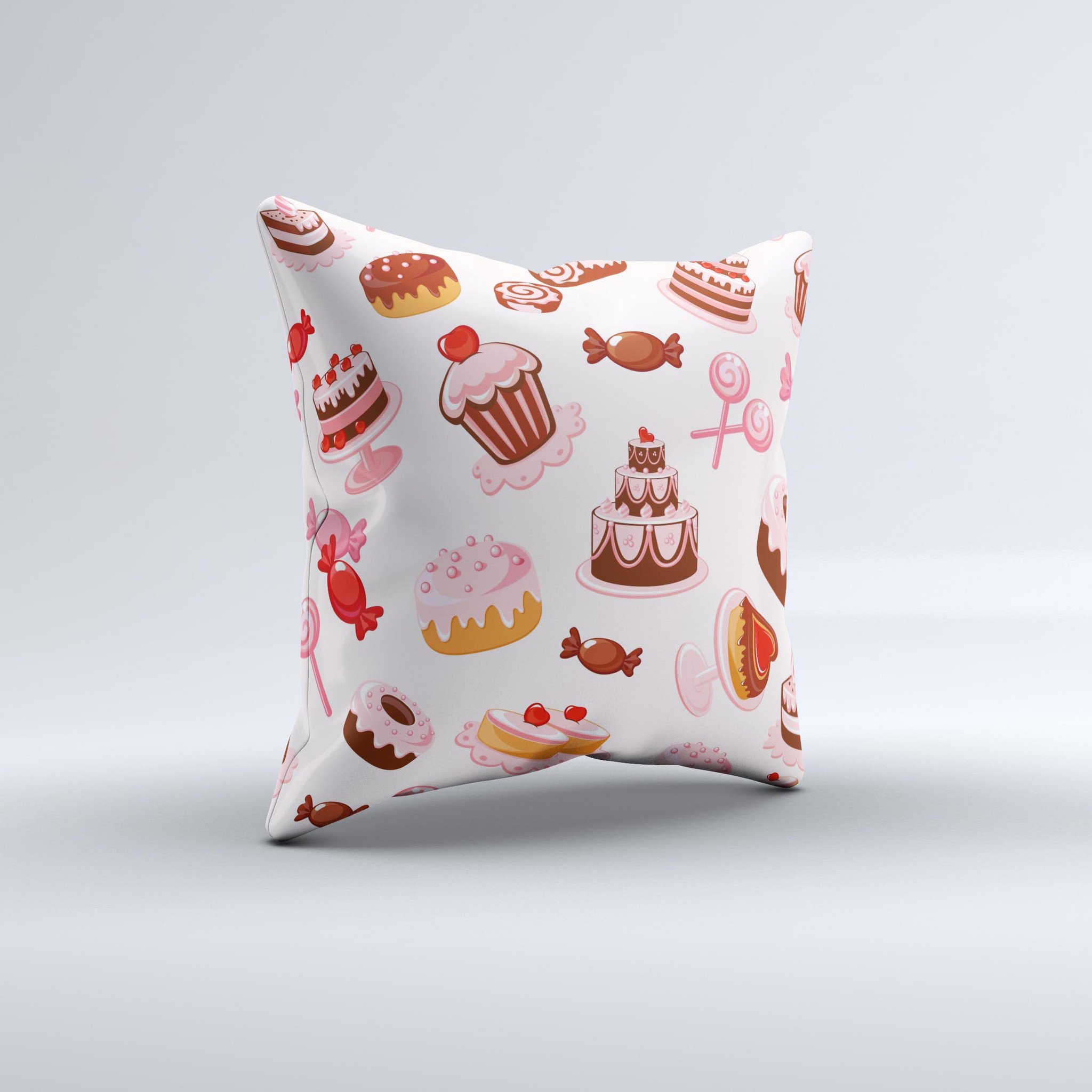 Pink Sweet Treats Pattern decorative throw pillow, handcrafted with high thread count fabric and filled with non-allergenic polyester fiberfill.