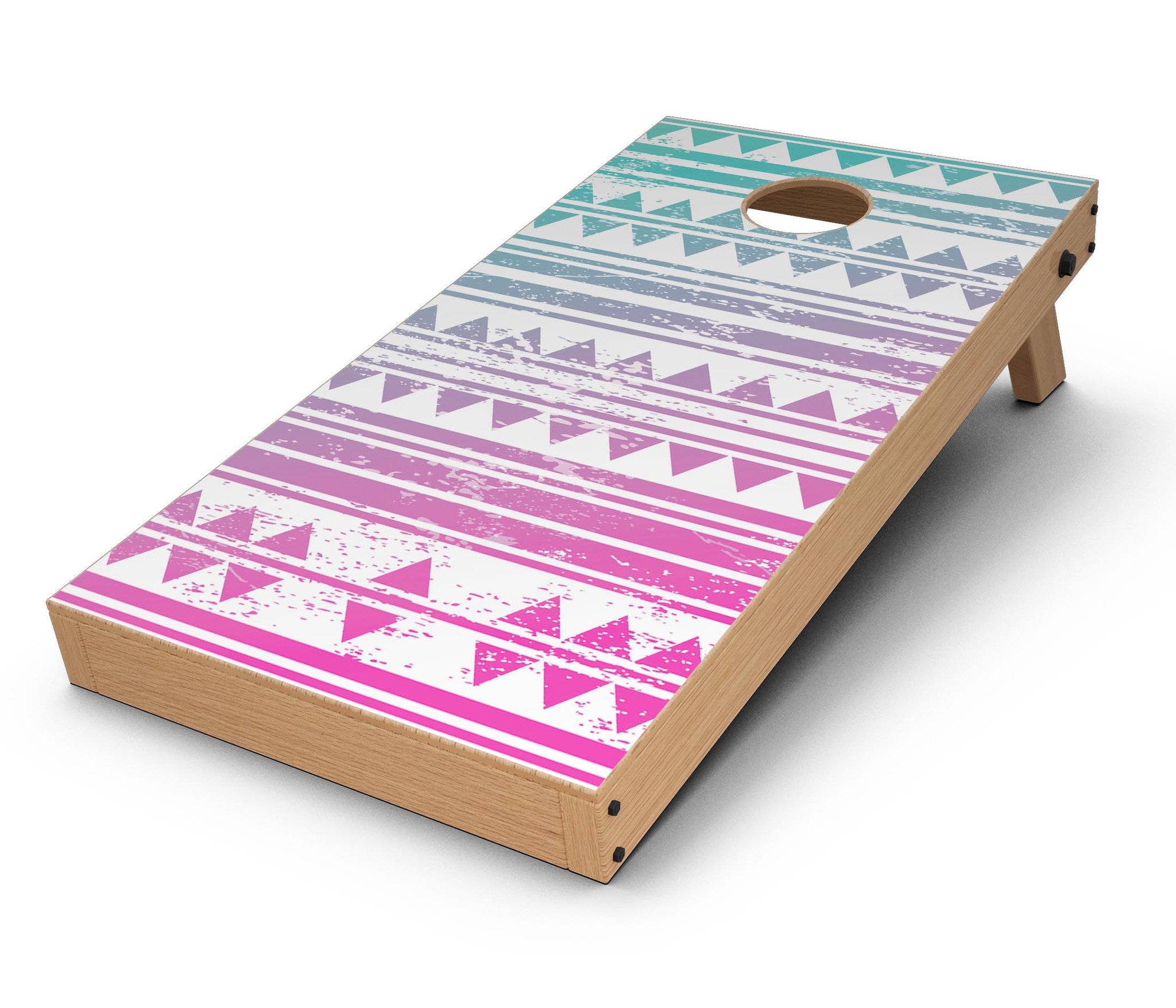 Pink to Green Gradient Hipster Pattern Cornhole Board Skin Decal Kit displayed on a wooden Cornhole board, showcasing vibrant colors and stylish design.