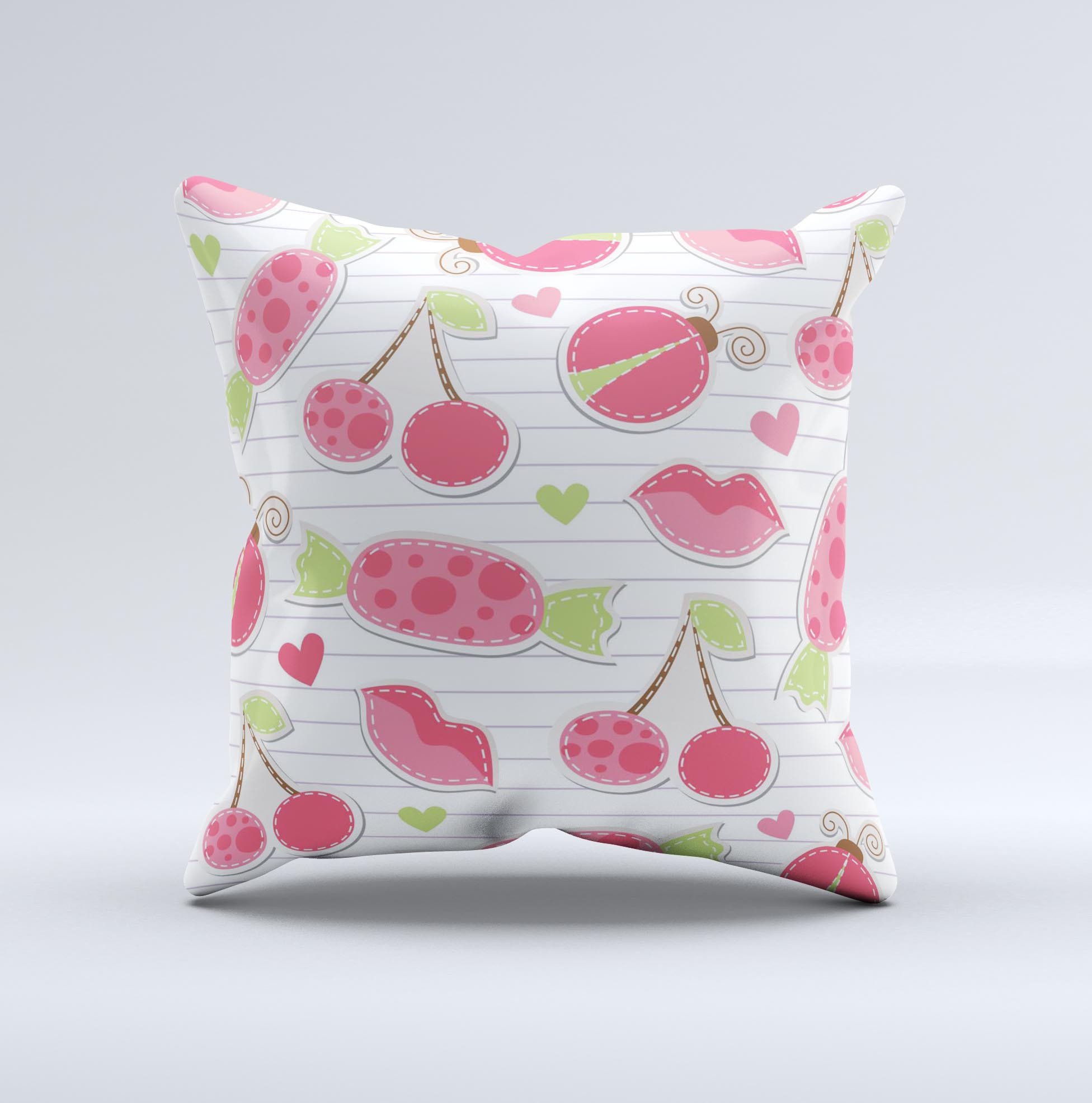 Pink Treats N_ Such Ink-Fuzed Decorative Throw Pillow showcasing vibrant colors and unique handcrafted design.