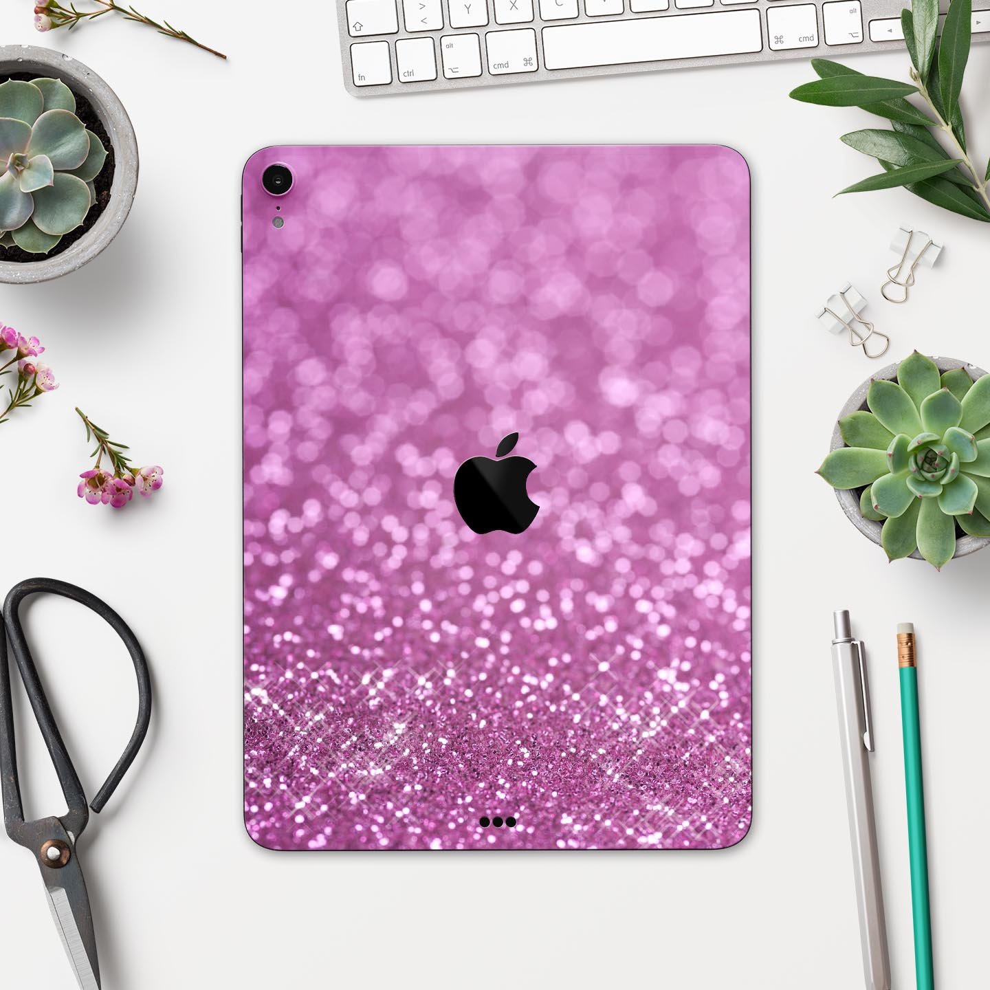 Pink Unfocused Glimmer Full Body Skin Decal for Apple iPad Pro, showcasing a stylish design with a glimmer effect.