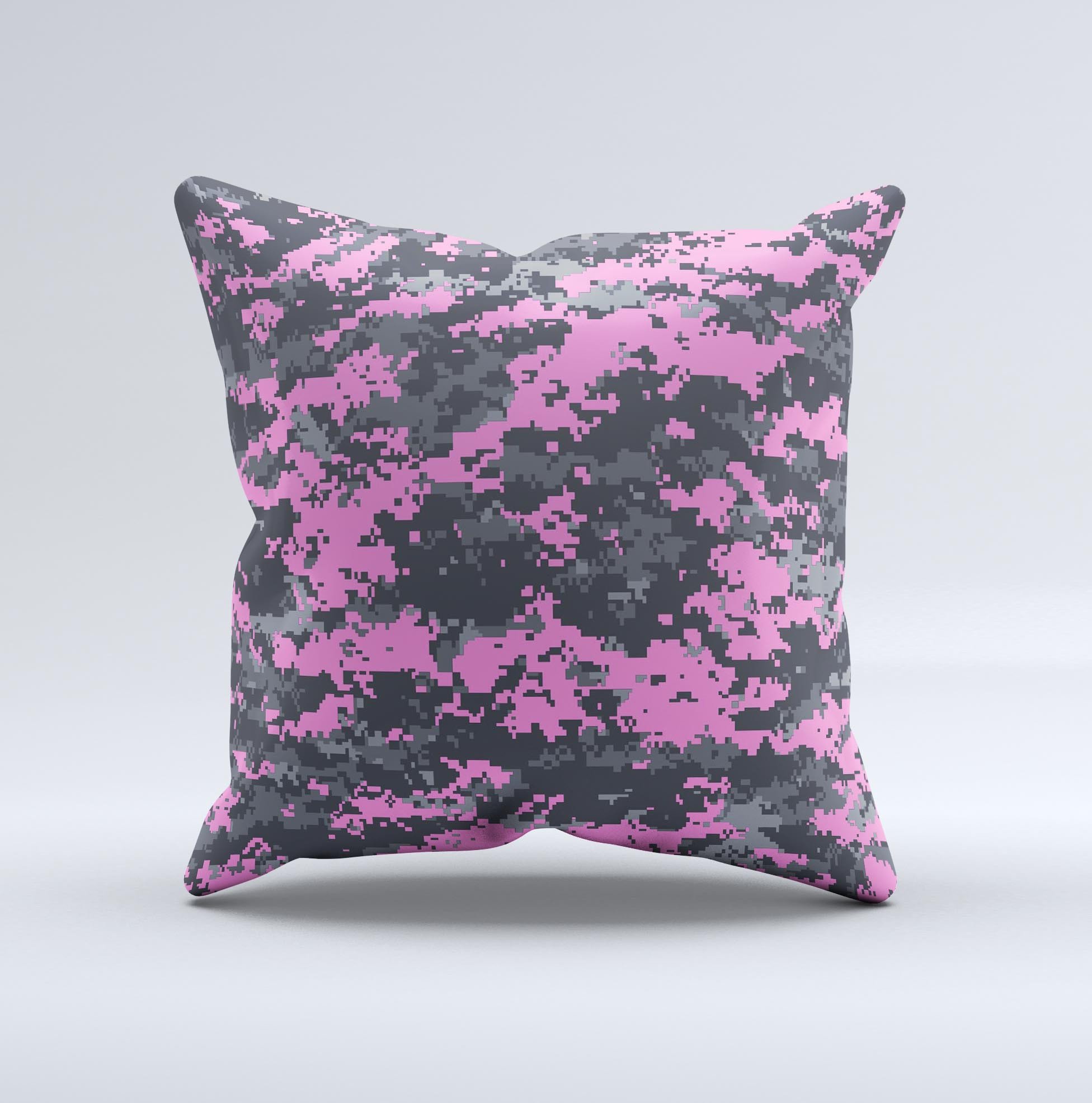 Pink V3 and Gray Digital Camouflage Ink-Fuzed Decorative Throw Pillow showcasing unique design and high-quality fabric.
