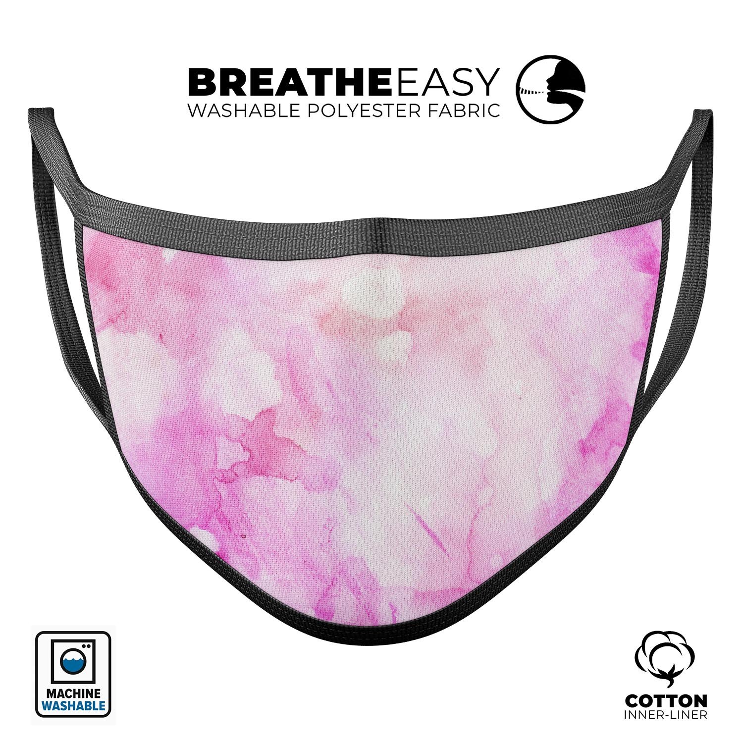 Pink v4 Absorbed Watercolor Texture face mask, showcasing a vibrant watercolor design, adjustable ear loops, and soft cotton interior.