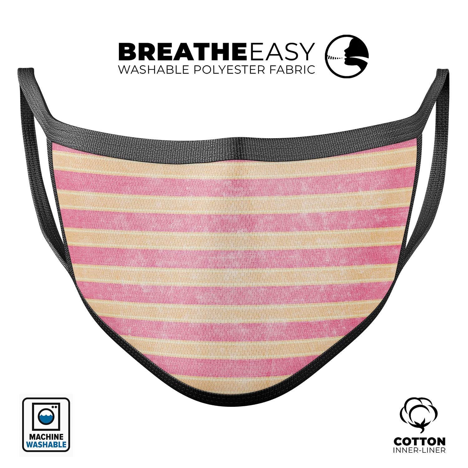 A vibrant pink vertical stripes over orange reusable mouth cover, showcasing a stylish design suitable for everyday use.