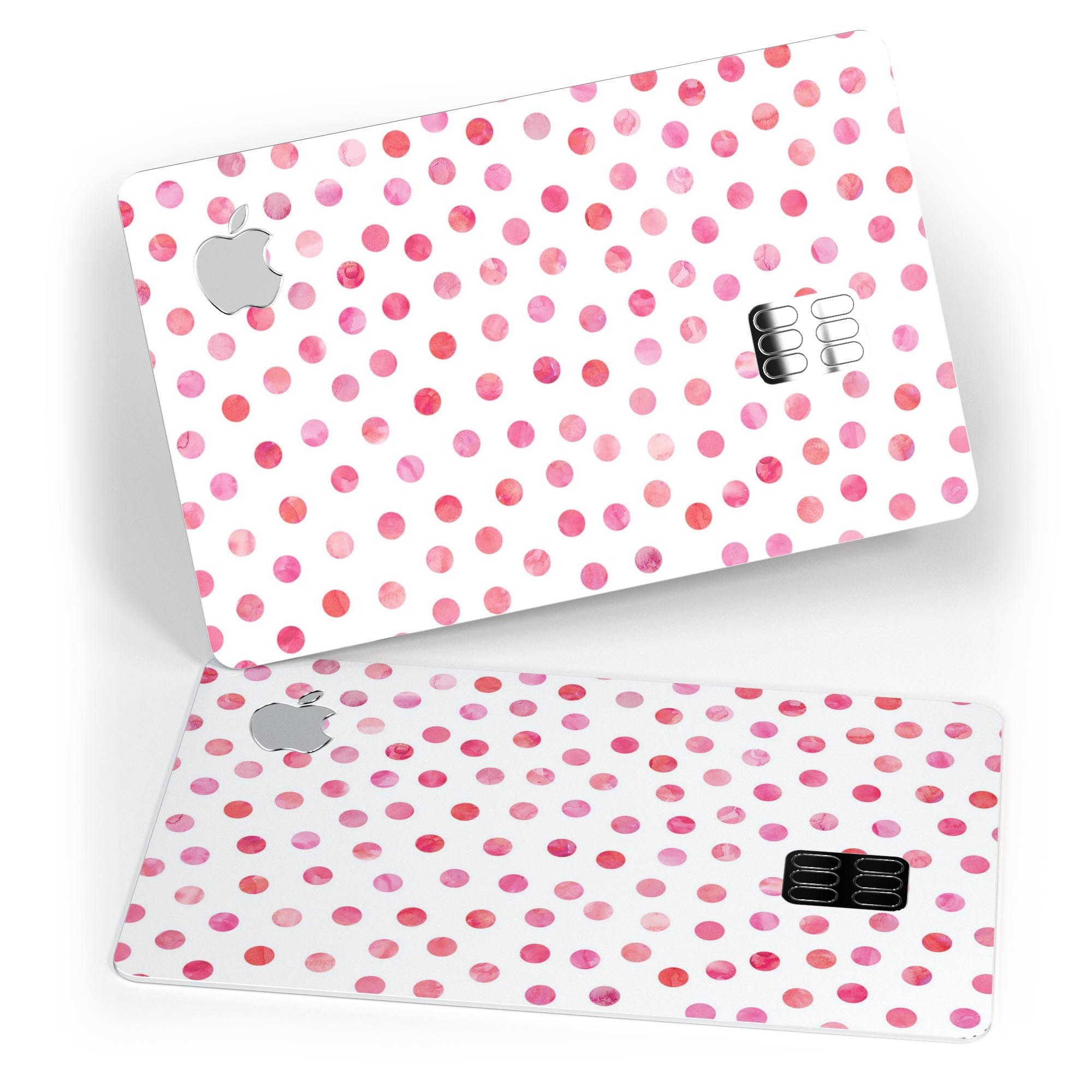 Pink Watercolor Dots decal skin for Apple Card, showcasing a stylish design over a white background.