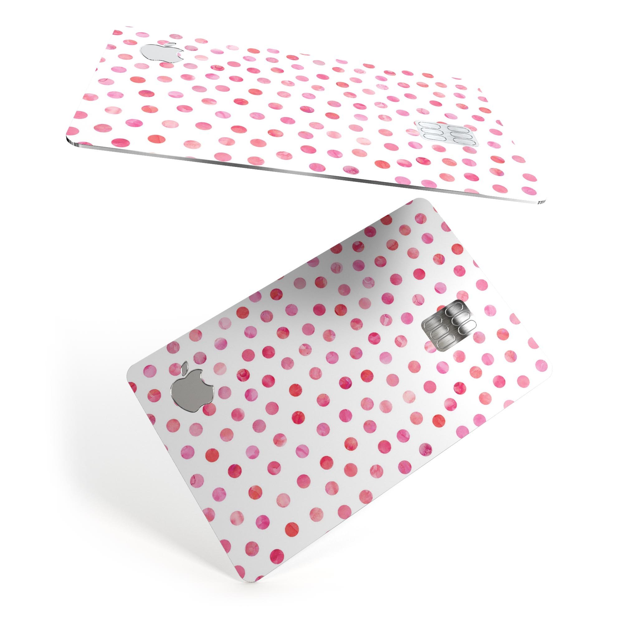 Pink Watercolor Dots decal skin for Apple Card, showcasing a stylish design over a white background.