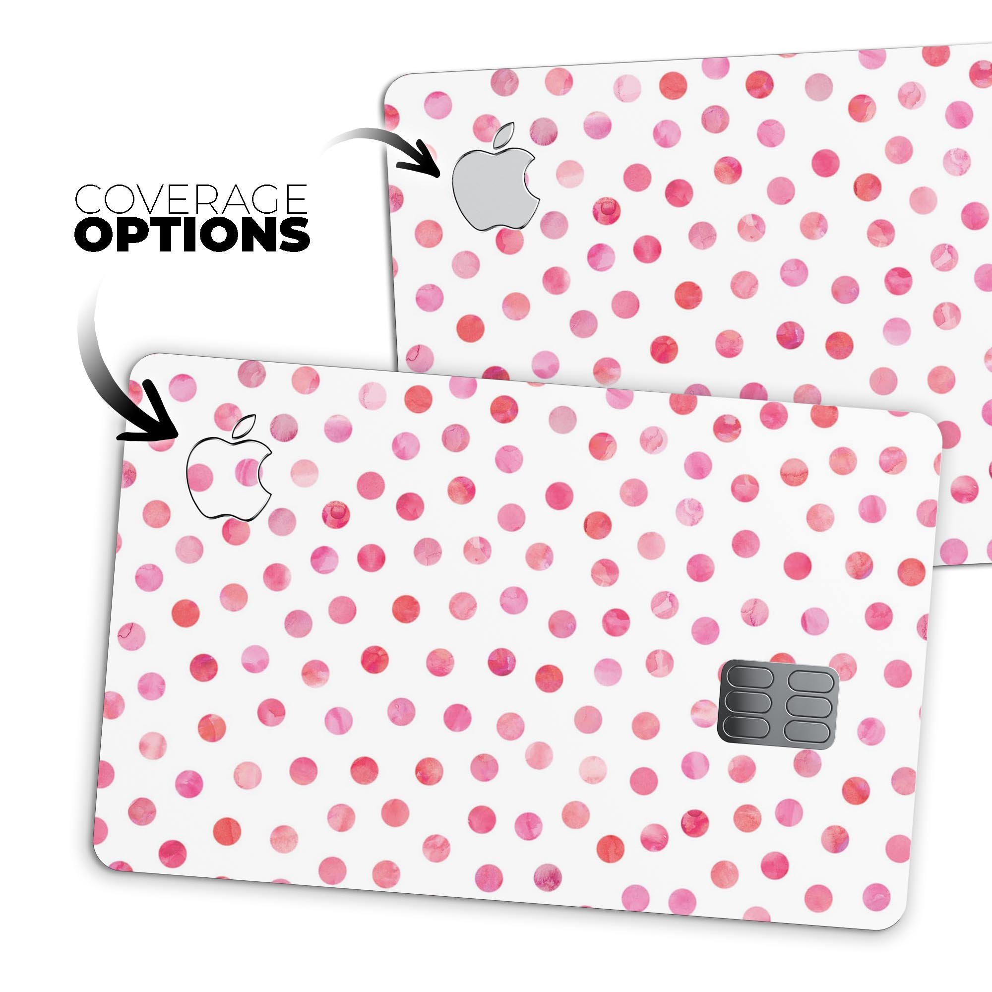 Pink Watercolor Dots decal skin for Apple Card, showcasing a stylish design over a white background.