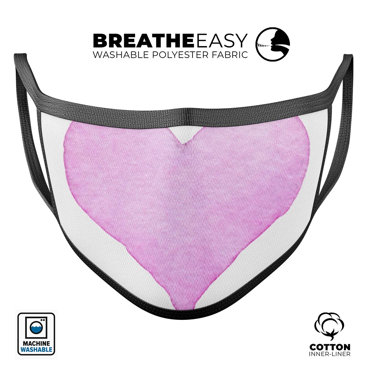 Pink Watercolor Heart mouth cover, made in the USA, featuring a vibrant design and adjustable ear-loop bands for a comfortable fit.