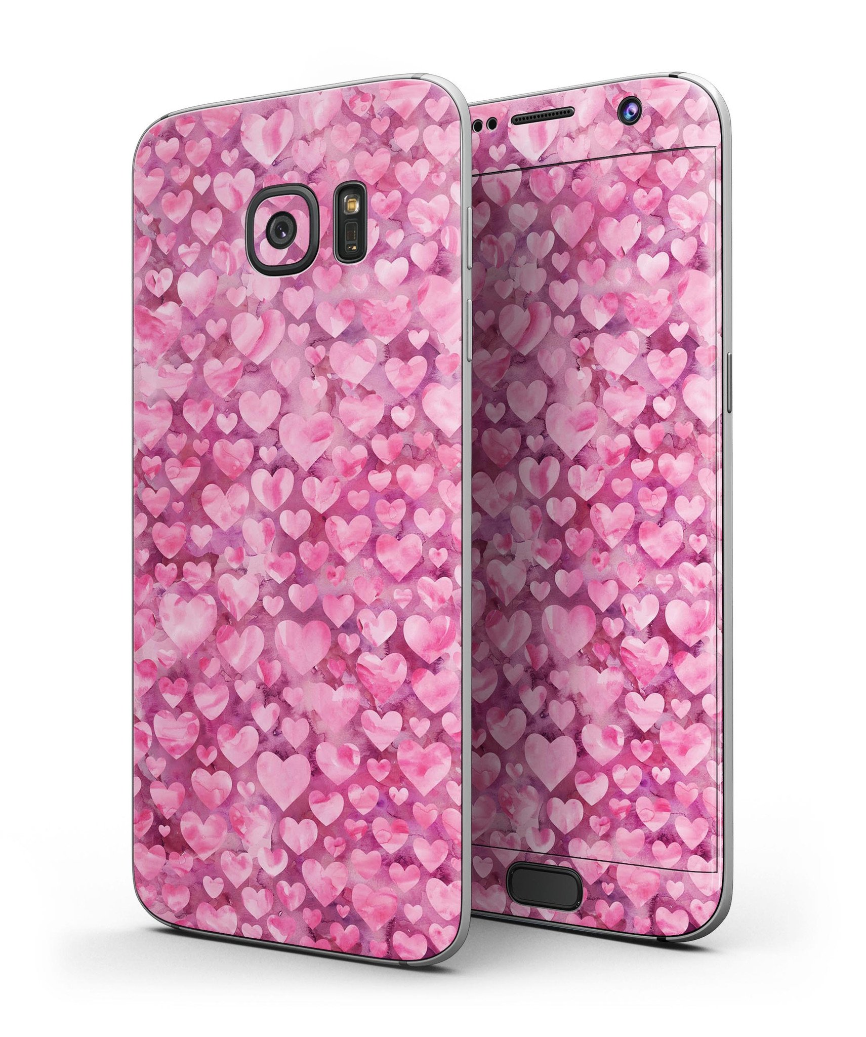 Pink Watercolor Hearts full body skin kit for Samsung Galaxy S7, showcasing vibrant heart designs on a sleek vinyl surface.