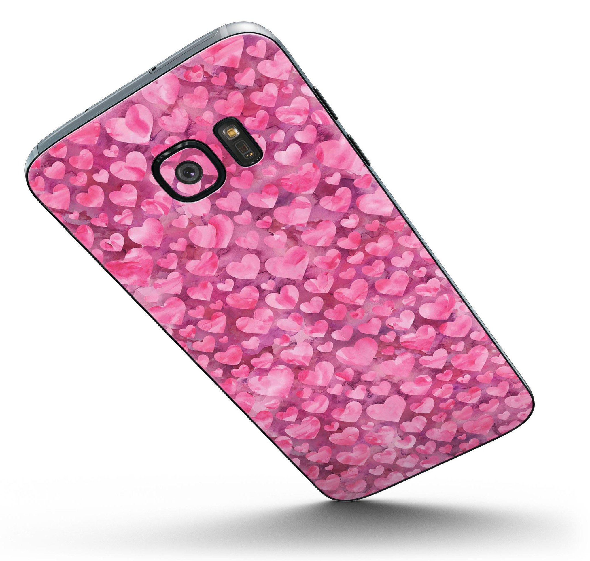 Pink Watercolor Hearts full body skin kit for Samsung Galaxy S7, showcasing vibrant heart designs on a sleek vinyl surface.