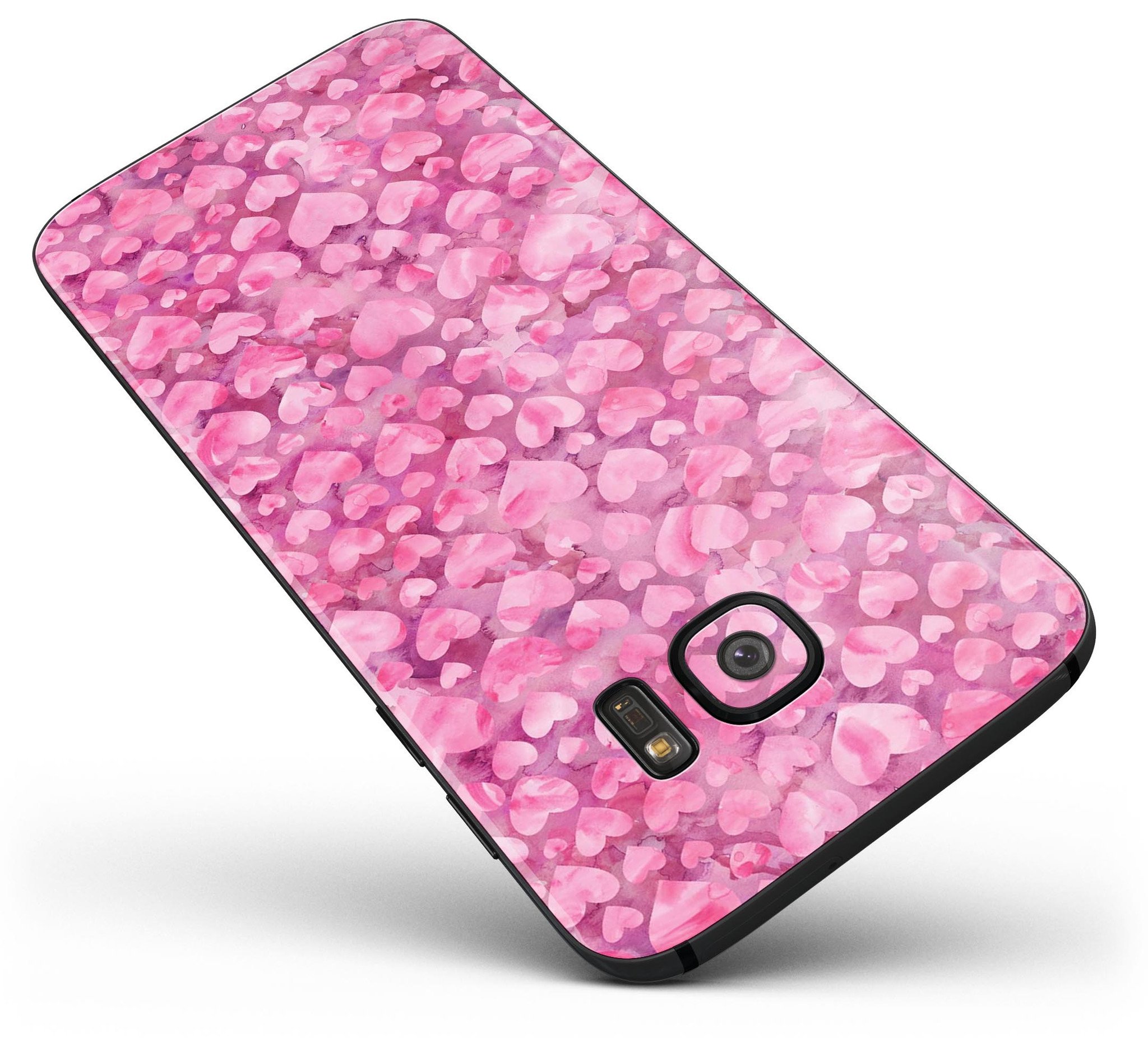 Pink Watercolor Hearts full body skin kit for Samsung Galaxy S7, showcasing vibrant heart designs on a sleek vinyl surface.