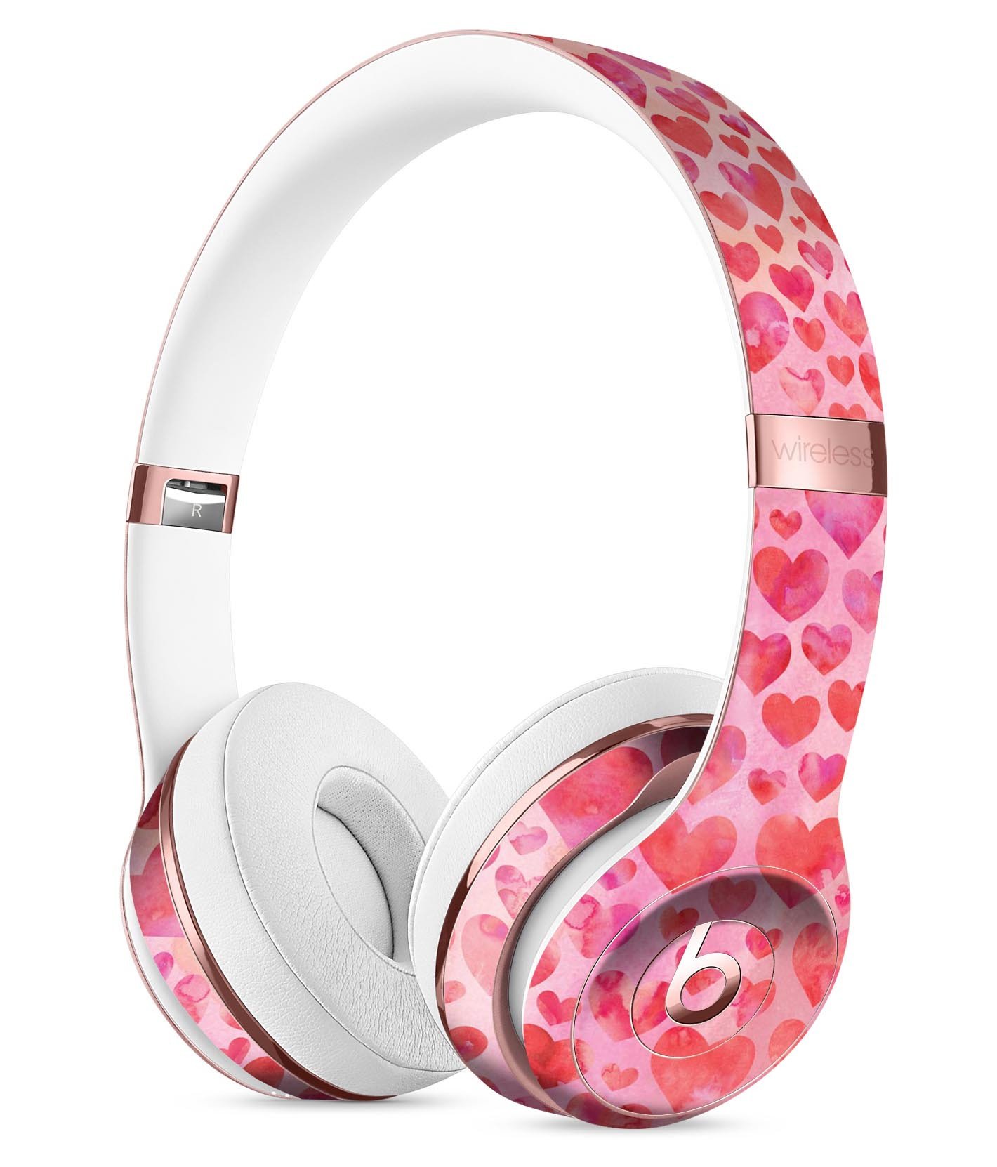 Pink Watercolor Hearts V2 Full-Body Skin Kit for Beats by Dre Solo, showcasing vibrant heart designs on a sleek vinyl surface.