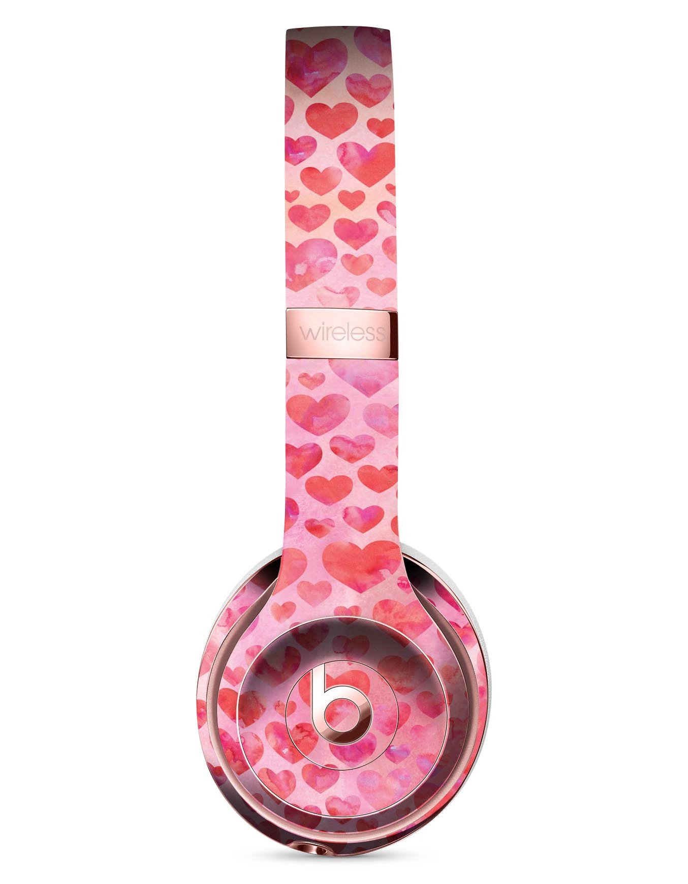 Pink Watercolor Hearts V2 Full-Body Skin Kit for Beats by Dre Solo, showcasing vibrant heart designs on a sleek vinyl surface.