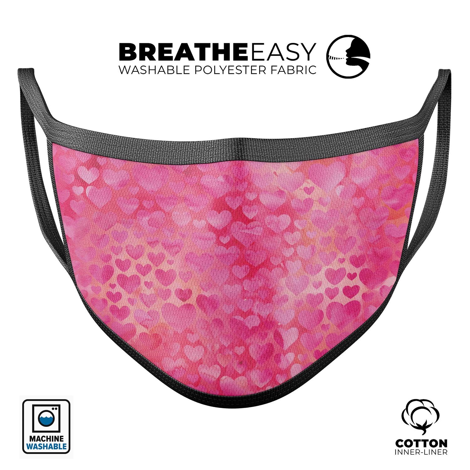 Pink Watercolor Hearts V3 mouth cover, featuring a vibrant heart design, made in the USA, adjustable ear loops for a comfortable fit.