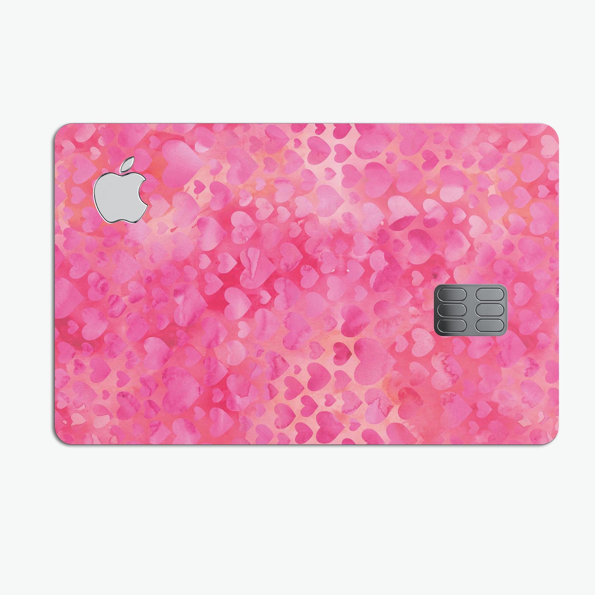 Pink Watercolor Hearts V3 decal skin for Apple Card, showcasing a vibrant heart design on a protective vinyl layer.