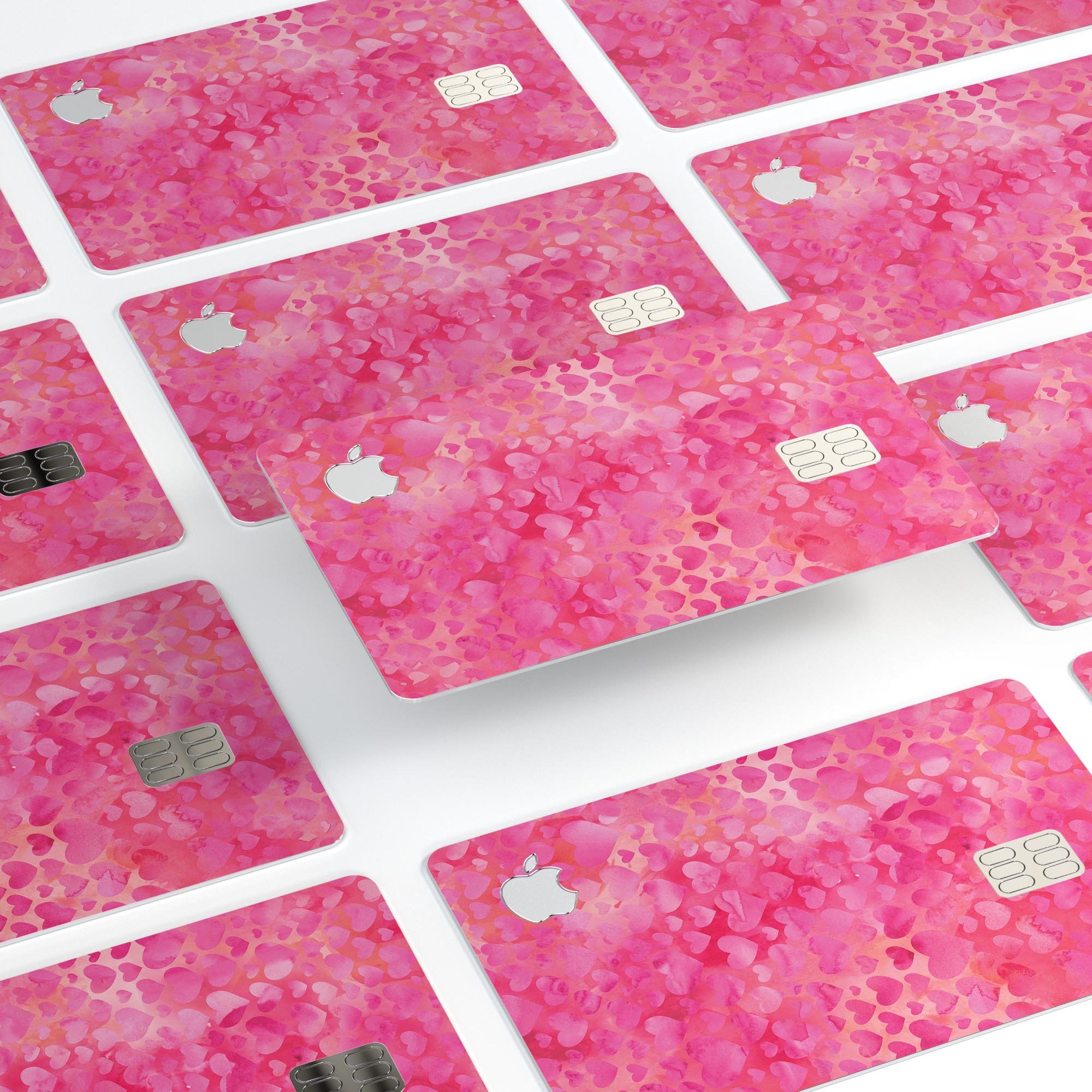 Pink Watercolor Hearts V3 decal skin for Apple Card, showcasing a vibrant heart design on a protective vinyl layer.