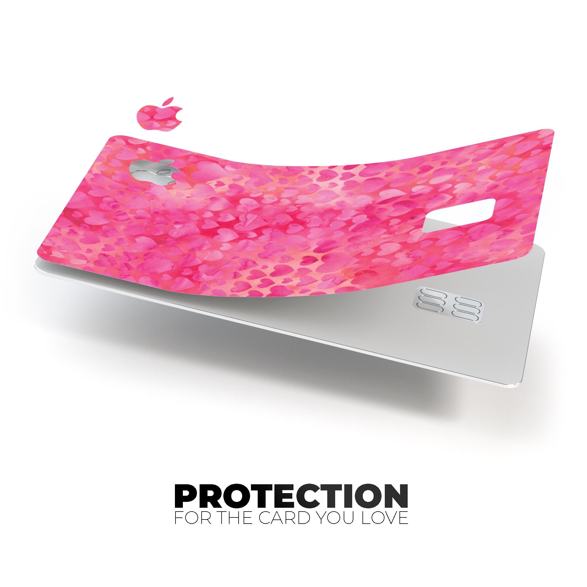 Pink Watercolor Hearts V3 decal skin for Apple Card, showcasing a vibrant heart design on a protective vinyl layer.