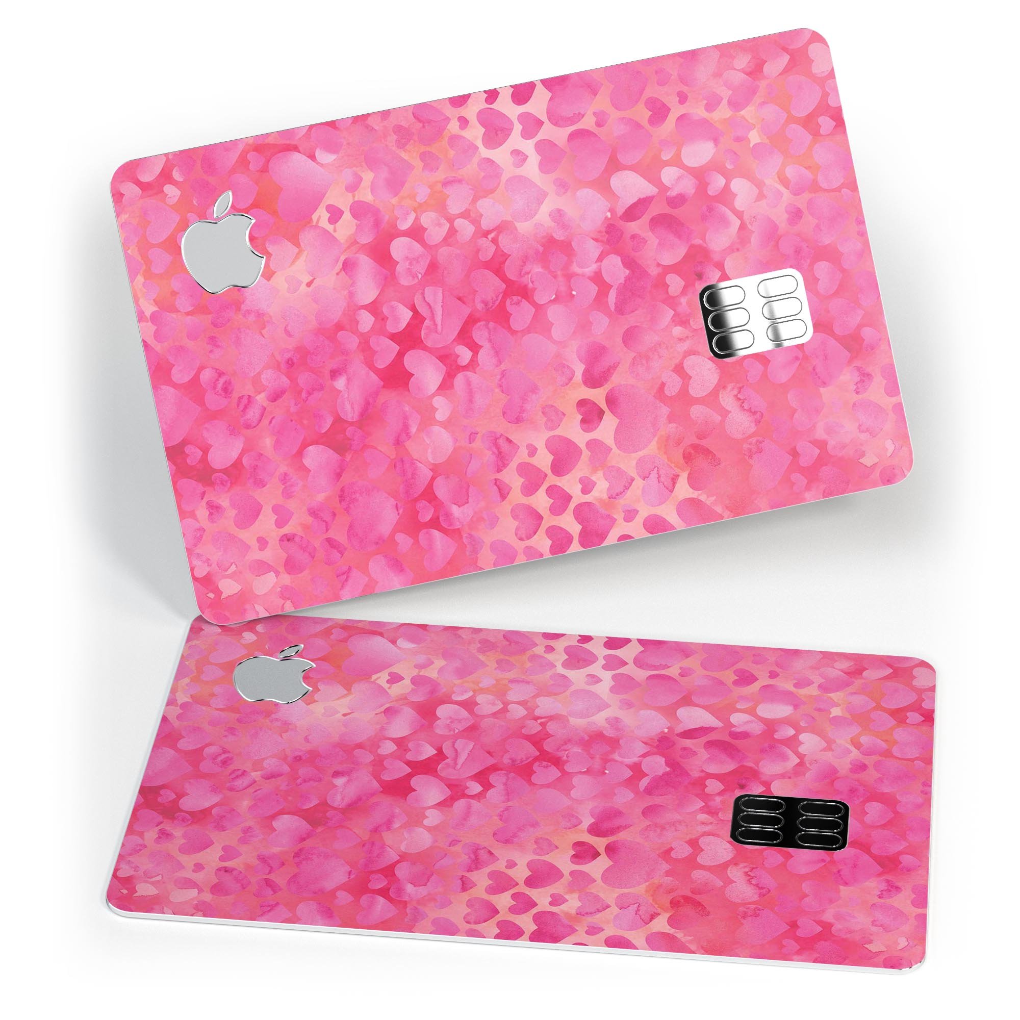 Pink Watercolor Hearts V3 decal skin for Apple Card, showcasing a vibrant heart design on a protective vinyl layer.