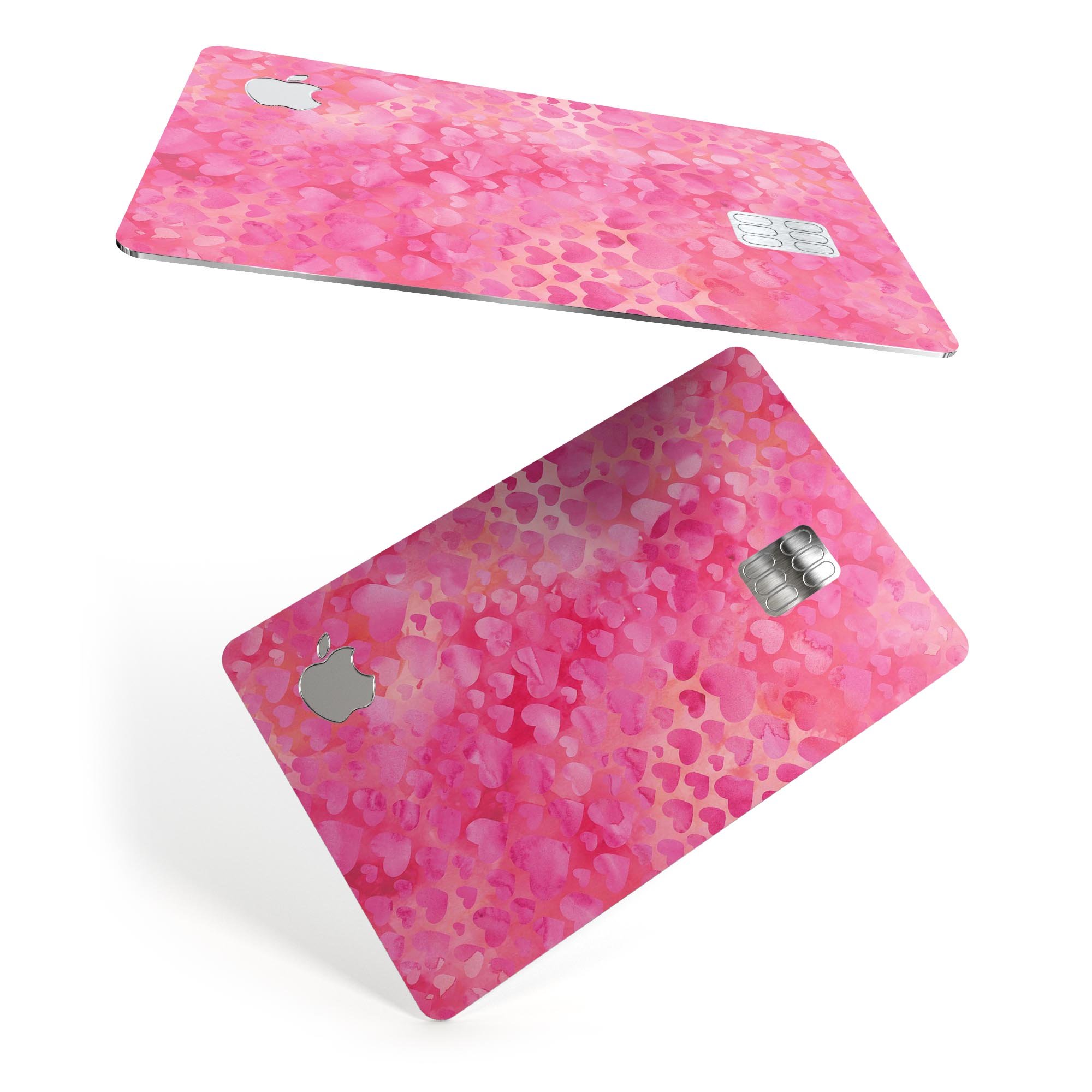 Pink Watercolor Hearts V3 decal skin for Apple Card, showcasing a vibrant heart design on a protective vinyl layer.