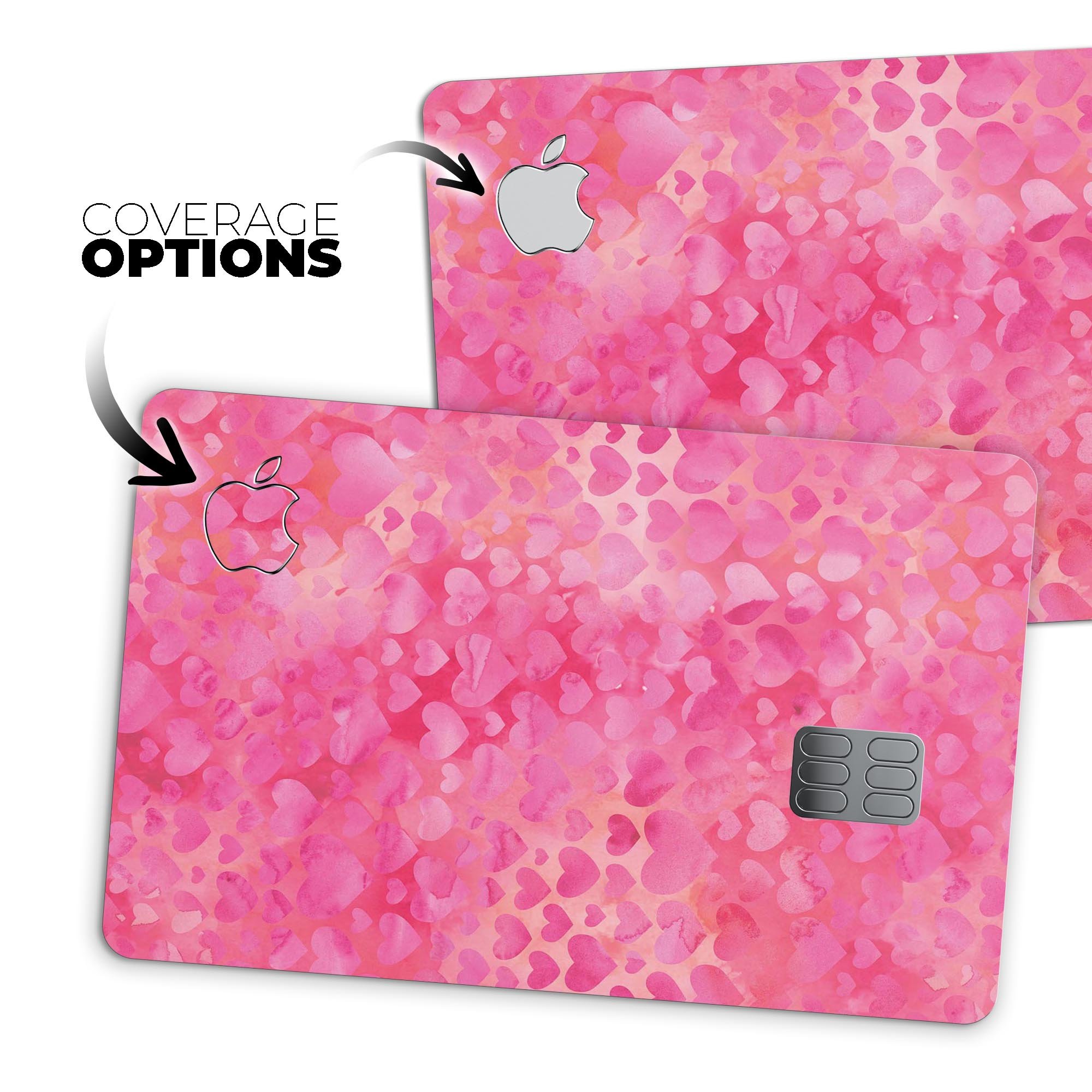 Pink Watercolor Hearts V3 decal skin for Apple Card, showcasing a vibrant heart design on a protective vinyl layer.