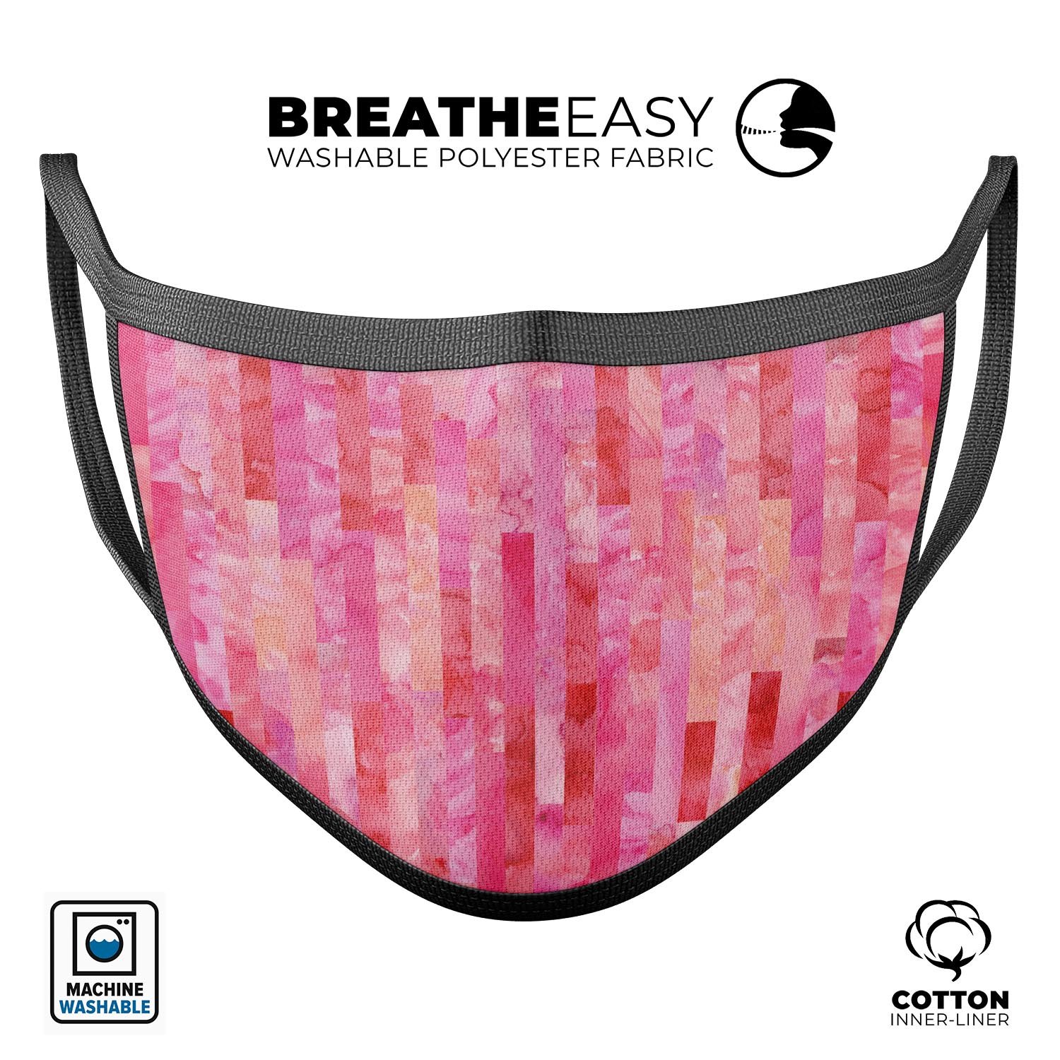 Pink Watercolor Patchwork mouth cover, unisex design, made in the USA, featuring adjustable ear loops and soft cotton interior.