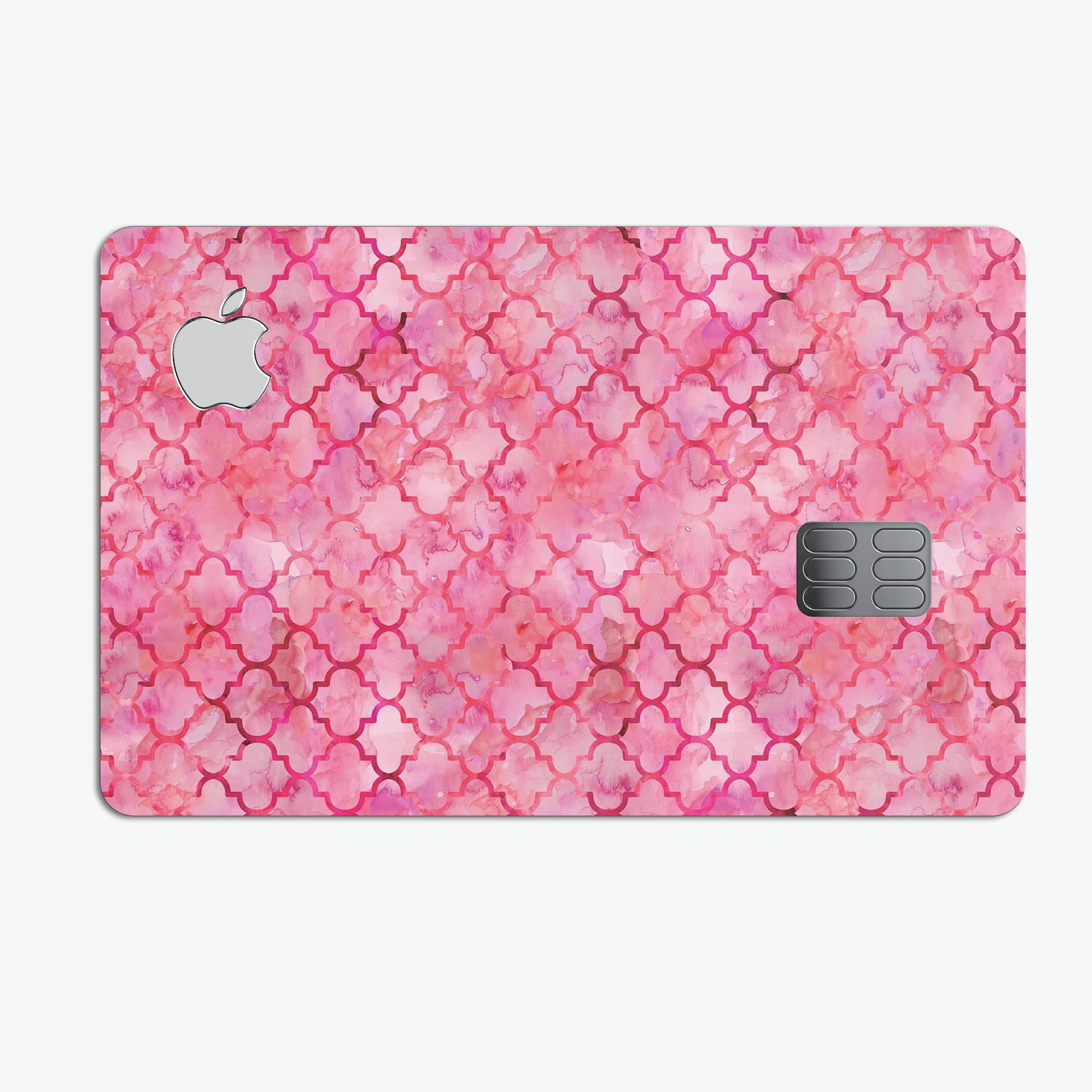 Pink Watercolor Quatrefoil skin decal for Apple Card, showcasing a stylish design with premium protective features.