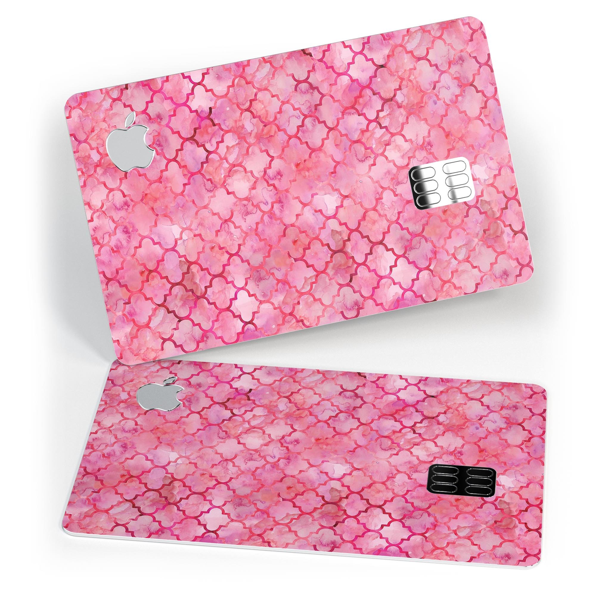 Pink Watercolor Quatrefoil skin decal for Apple Card, showcasing a stylish design with premium protective features.