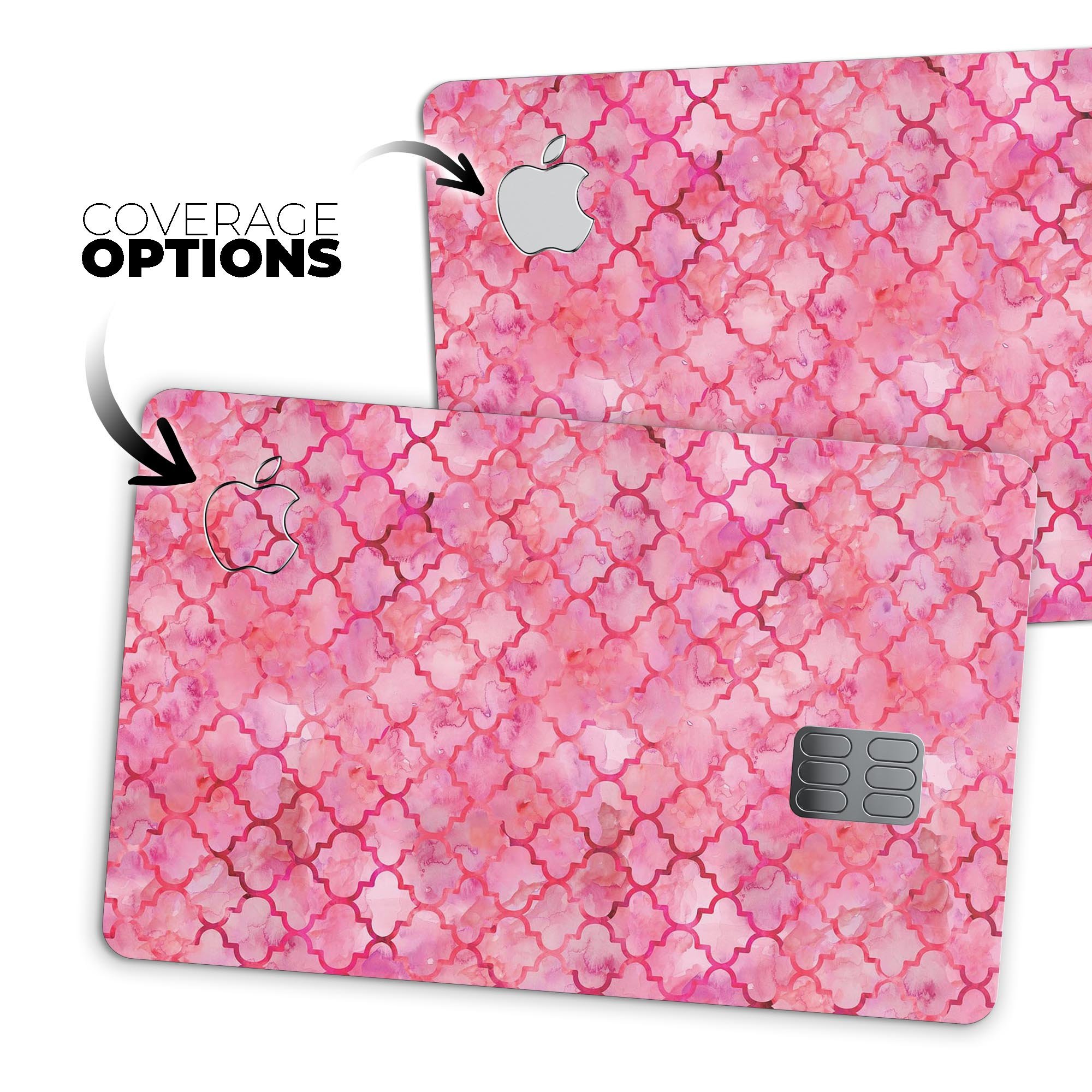 Pink Watercolor Quatrefoil skin decal for Apple Card, showcasing a stylish design with premium protective features.