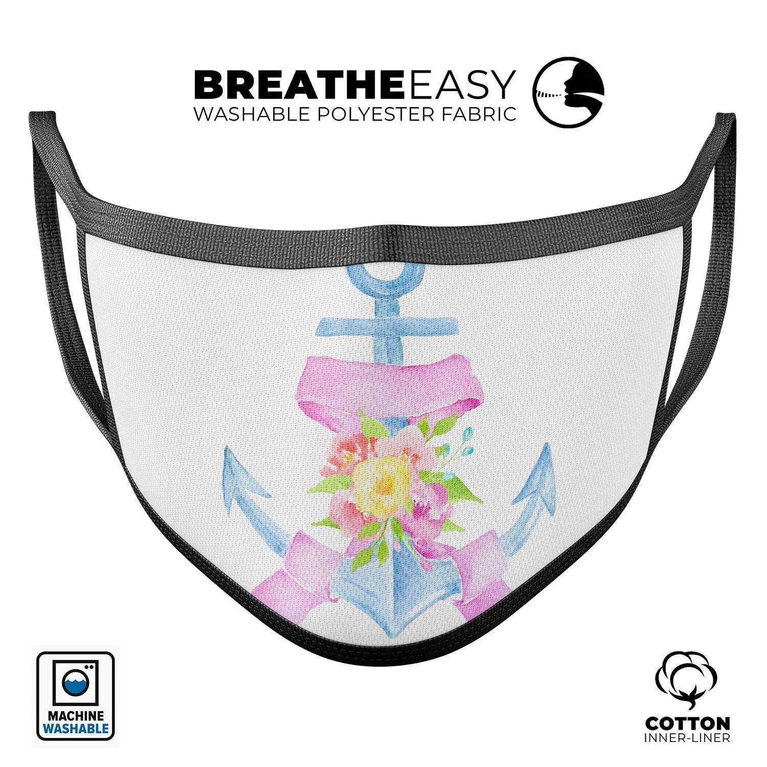 Pink watercolor ribbon design over an anchor on a unisex mouth cover, showcasing a stylish and comfortable face mask made in the USA.