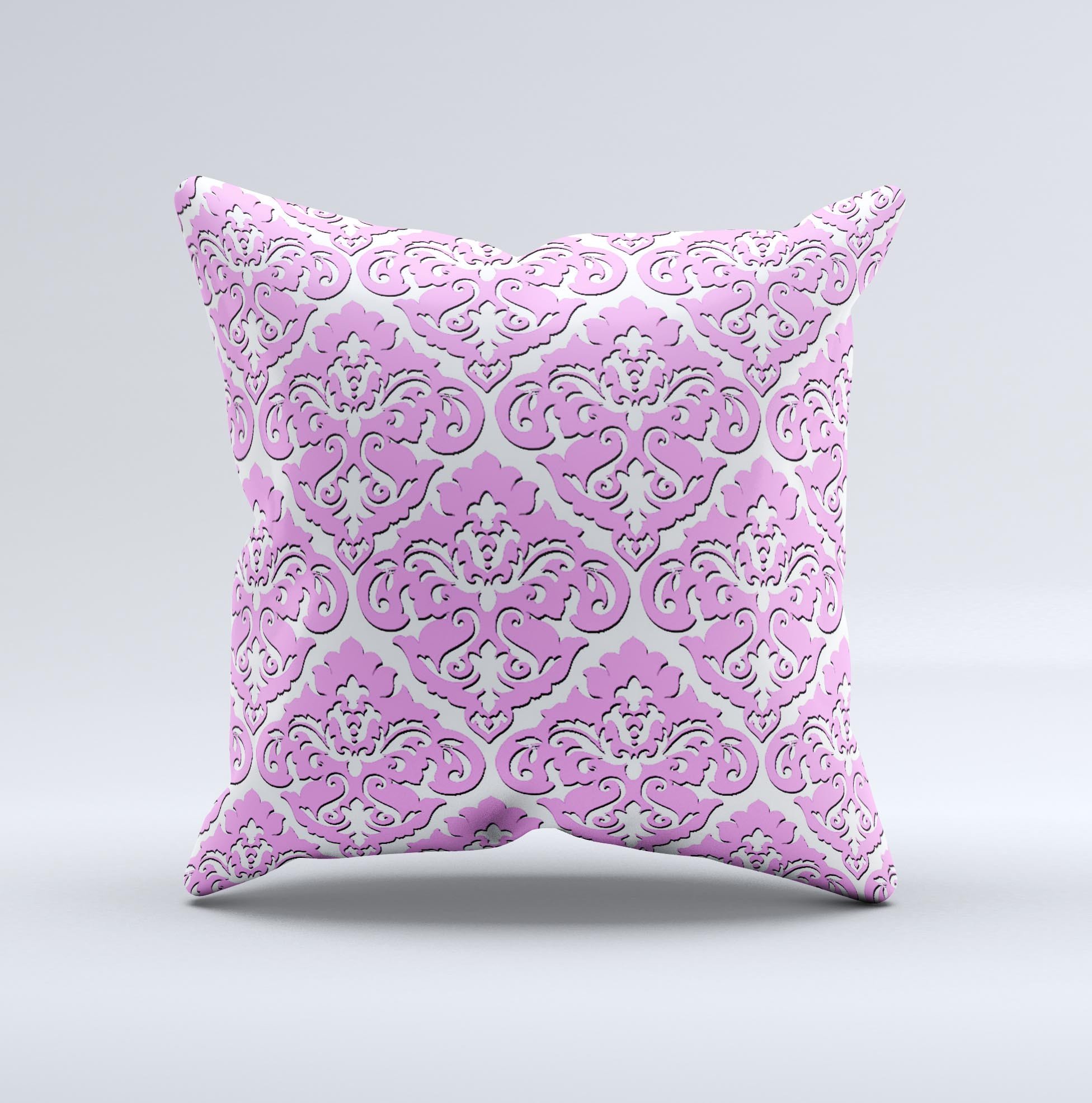 Pink and white decorative throw pillow with a delicate pattern, handcrafted in Virginia, showcasing unique ink-fuzed design.