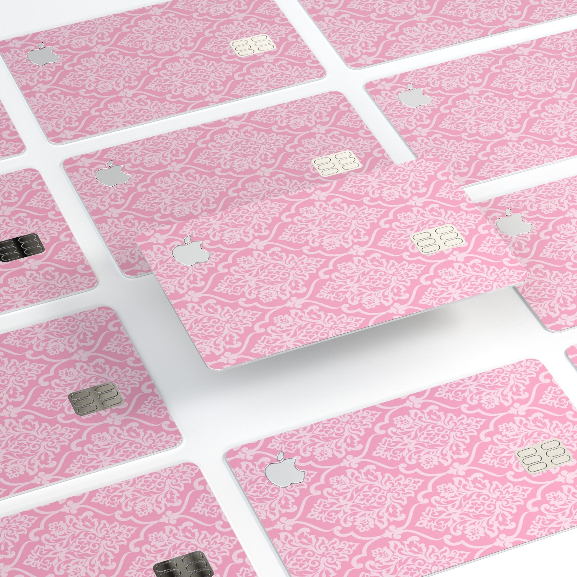 Pink and Silver Glitter Premium Protective Decal for Apple Card, showcasing a stylish damask design with a glossy finish.