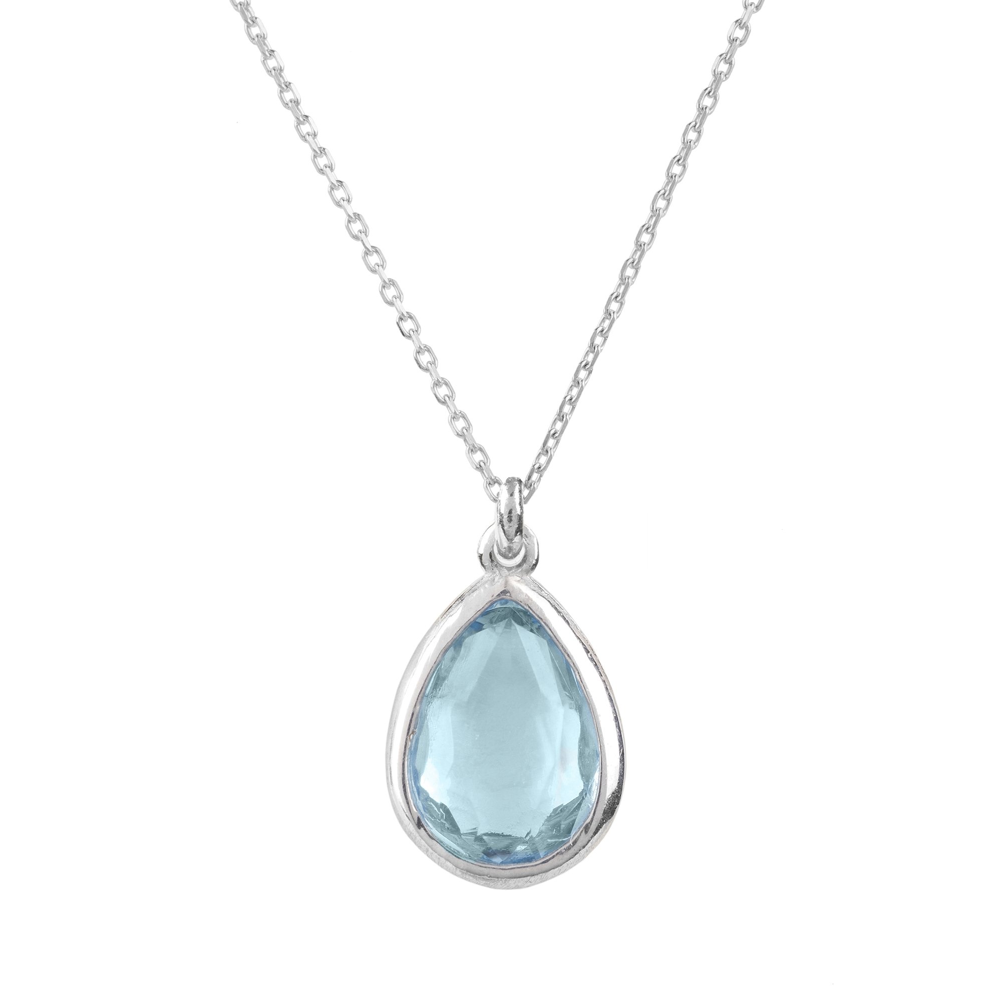 Pisa Mini Teardrop Necklace in Silver featuring a Blue Topaz gemstone, elegantly designed with a fine chain.