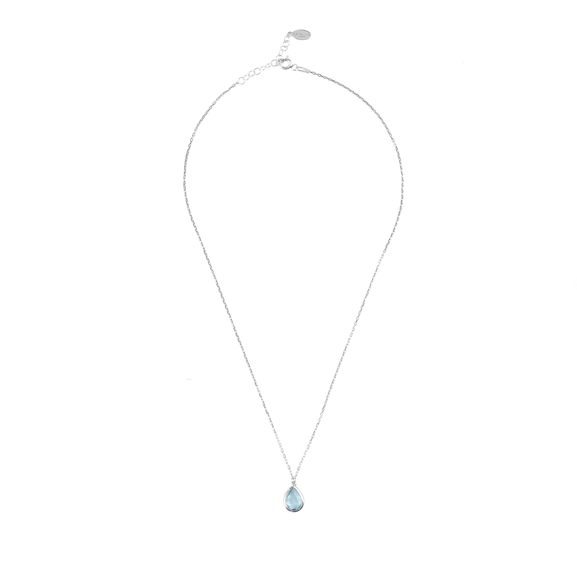 Pisa Mini Teardrop Necklace in Silver featuring a Blue Topaz gemstone, elegantly designed with a fine chain.